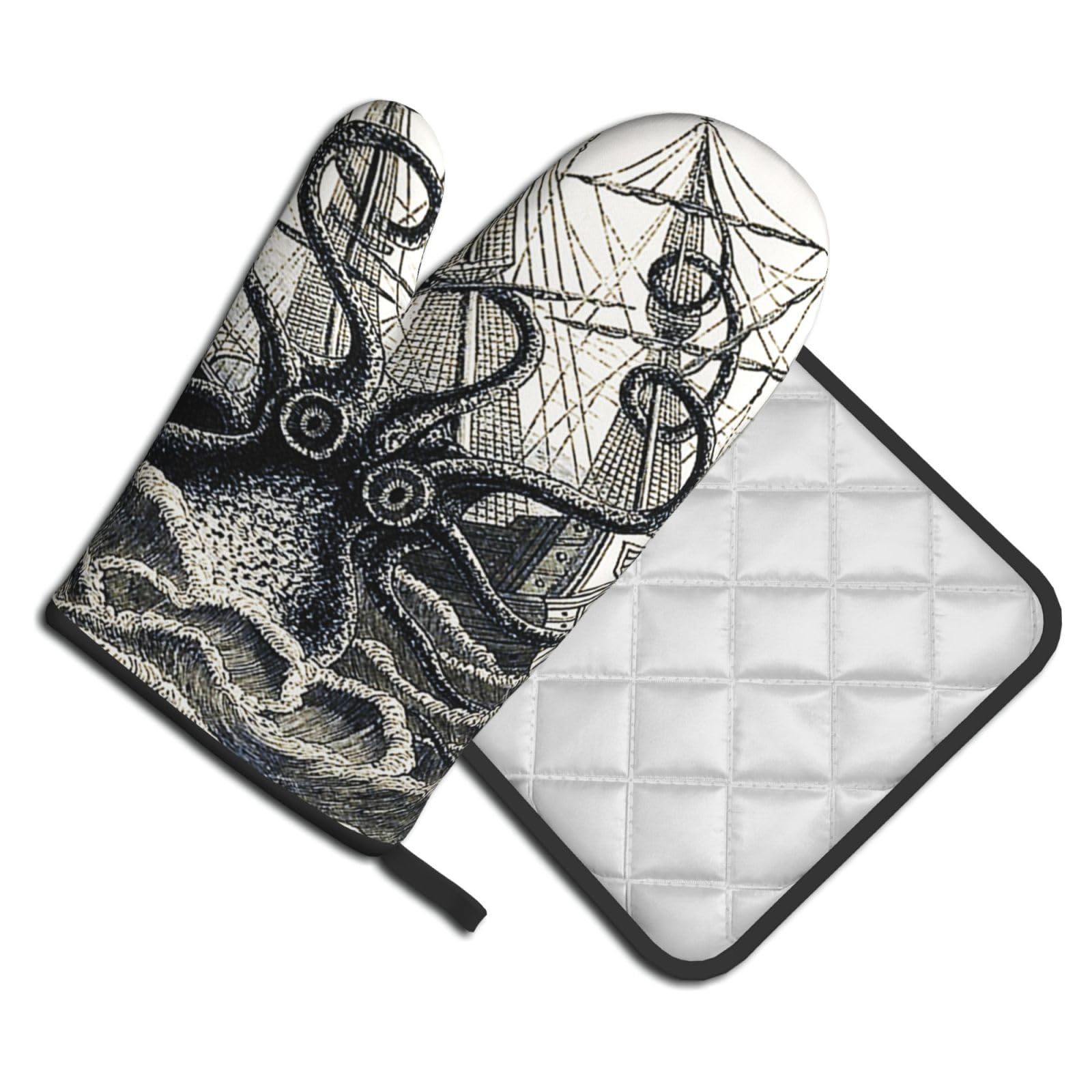 Oven Mitts and Pot Holders Set of 2 Pcs, Sailing Pirate Octopus Printed Heat Resistant Kitchen Gloves Potholders for Cooking Baking Grilling
