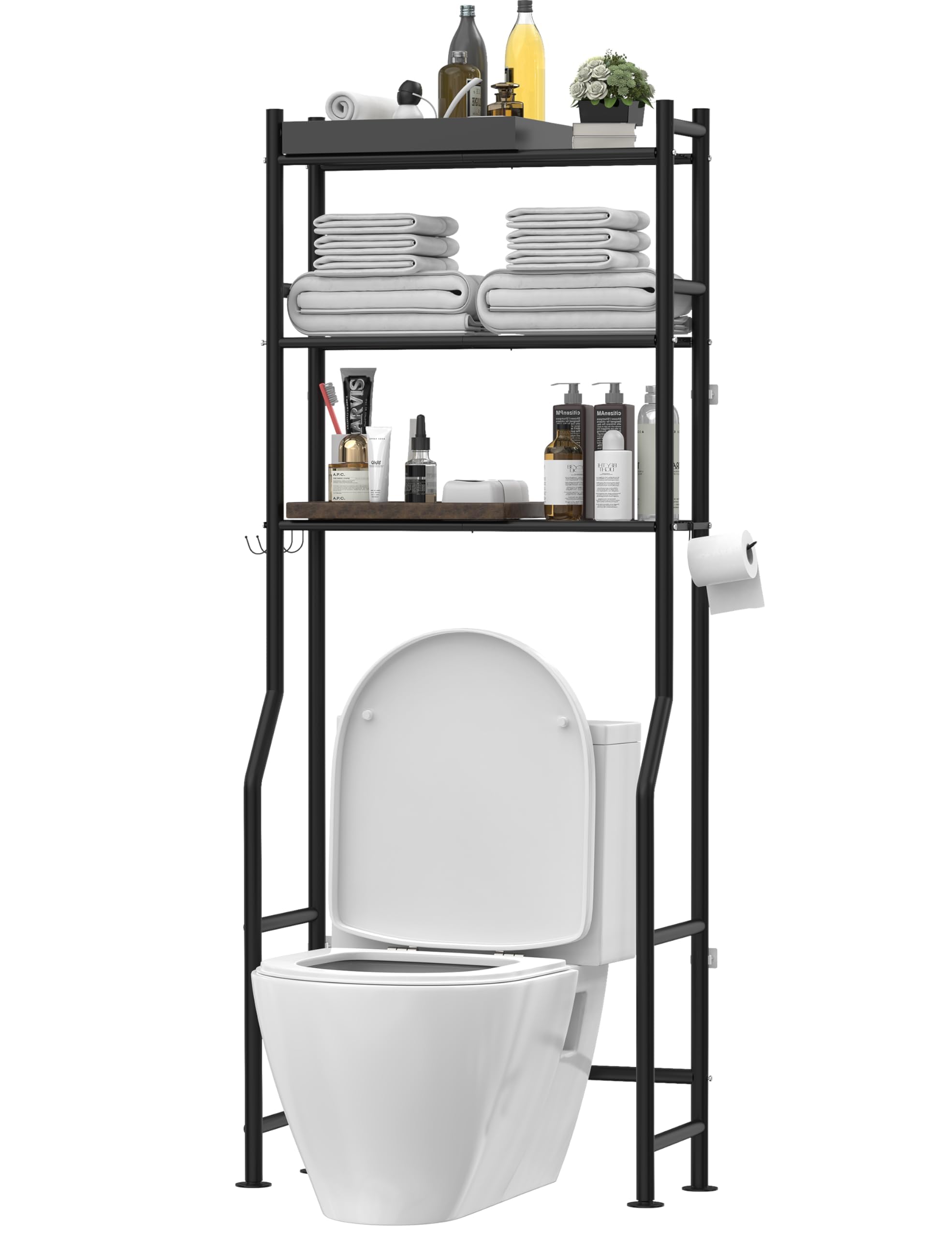 Livilord 3-Tier Over The Toilet Storage, Freestanding Metal Bathroom Shelves with 4 Hooks, Over Toilet Storage Shelf with Paper Holder, Above The