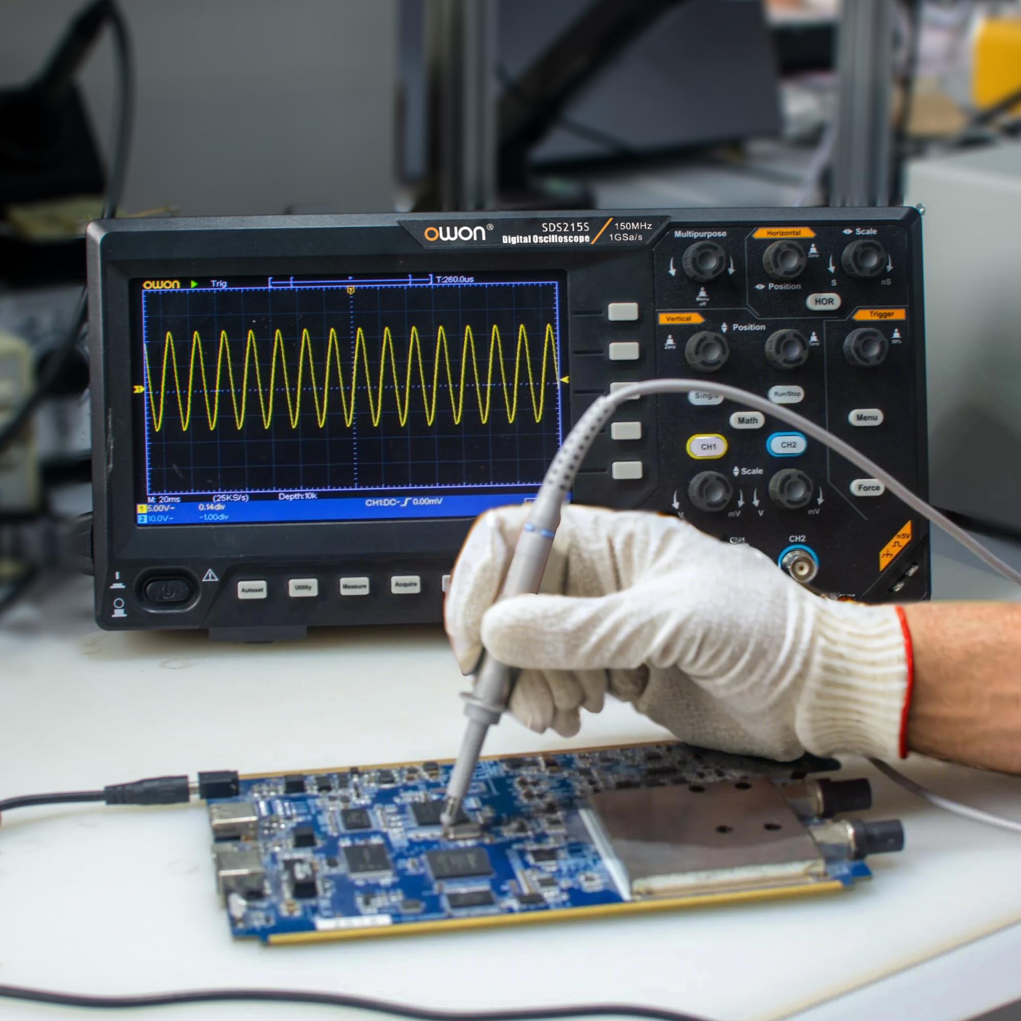 SDS215S OWON oscyloskop 2 + 1 kanał, szerokość pasma 150 MHz, oscylograf stołowy ze źródłami sygnału 25 MHz, obsługuje 30 automatycznych pomiarów kształtu fali (2+1CH/150 MHz/SDS215S)
