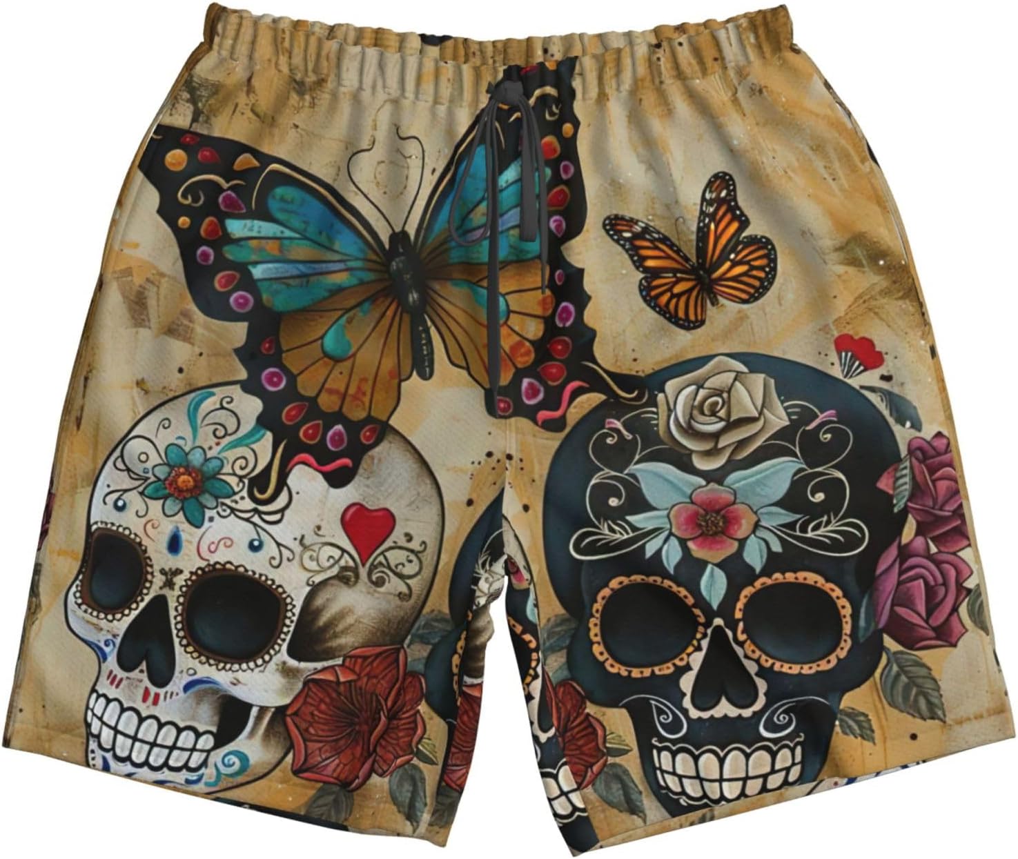 Sugar Skulls Butterfly Print Men's Quick-Drying Shorts Casual Beach Pants Stretch Waist Shorts and Pockets