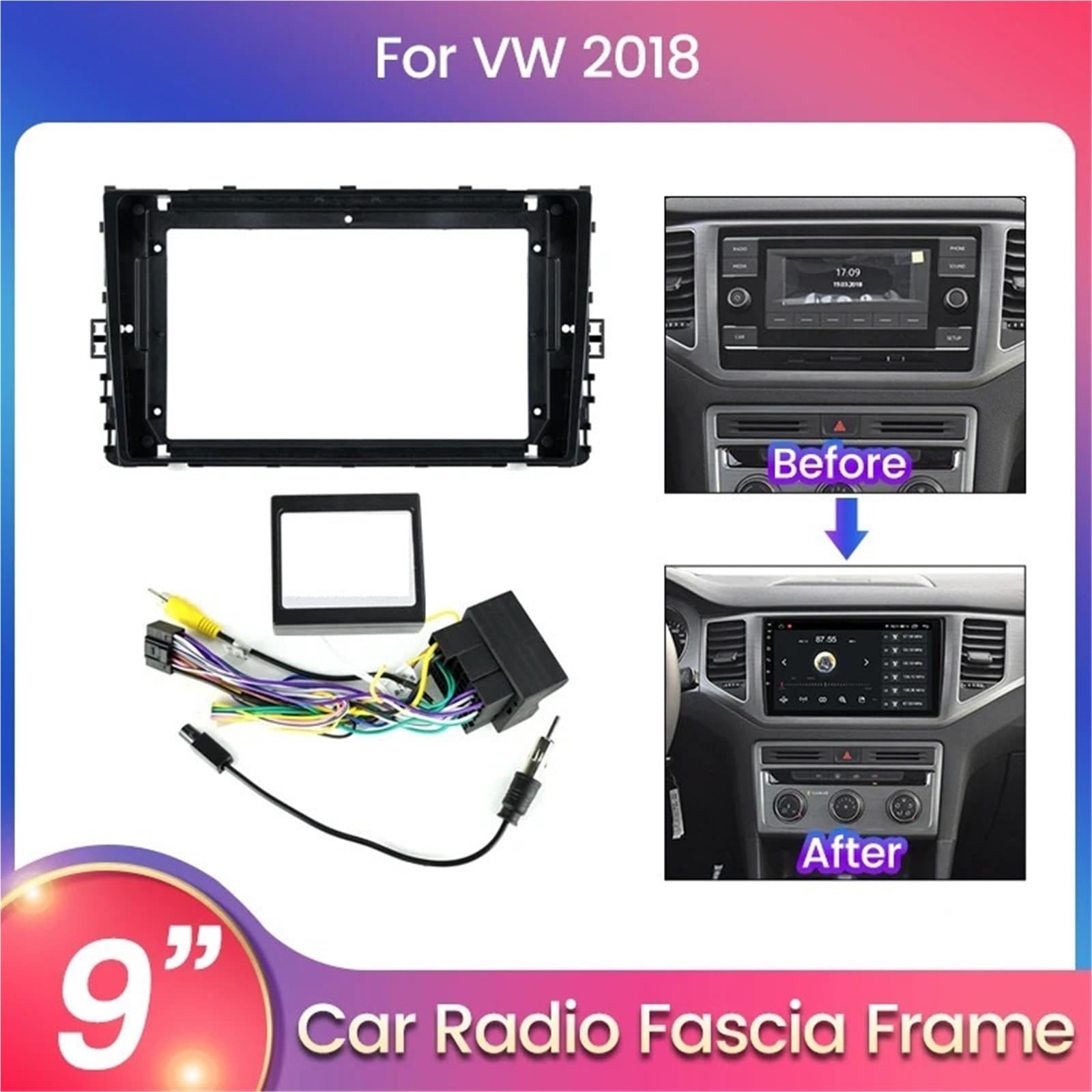 Montaje Autoradio Marco Marco de Montaje para Radio 9" Compatible con VW Polo Vi Jetta MK7 T6 Bora 2 DIN, Panel Multimedia para Coche DVD, GPS y MP5