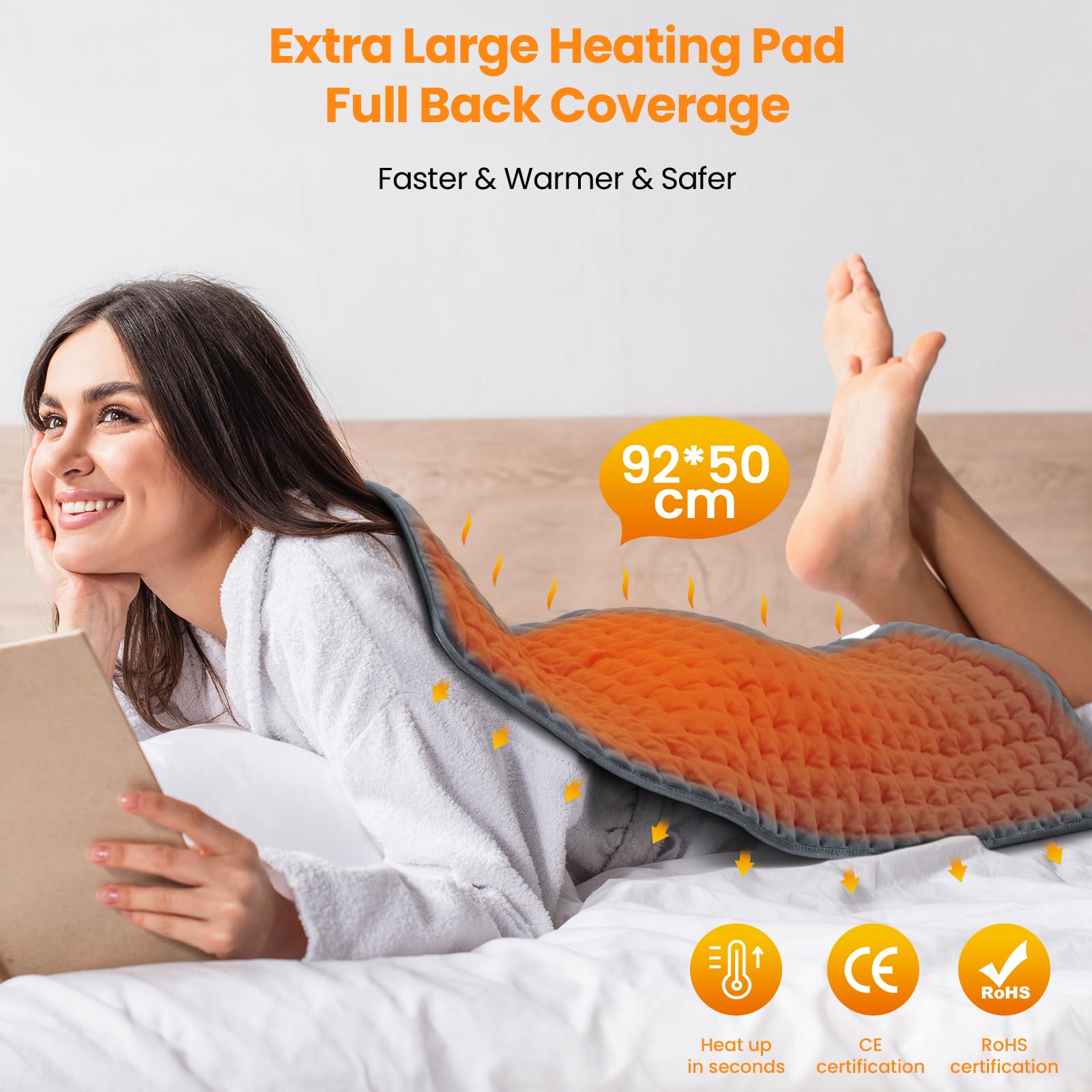 MYCARBON 92x50cm Coussin Chauffant Électrique Extra Large, Arrêt Automatique, 6 Niveaux de Température, Protection Contre la Surchauffe, Pad Chauffant pour Dos, Épaule, Nuque - Gris Foncé
