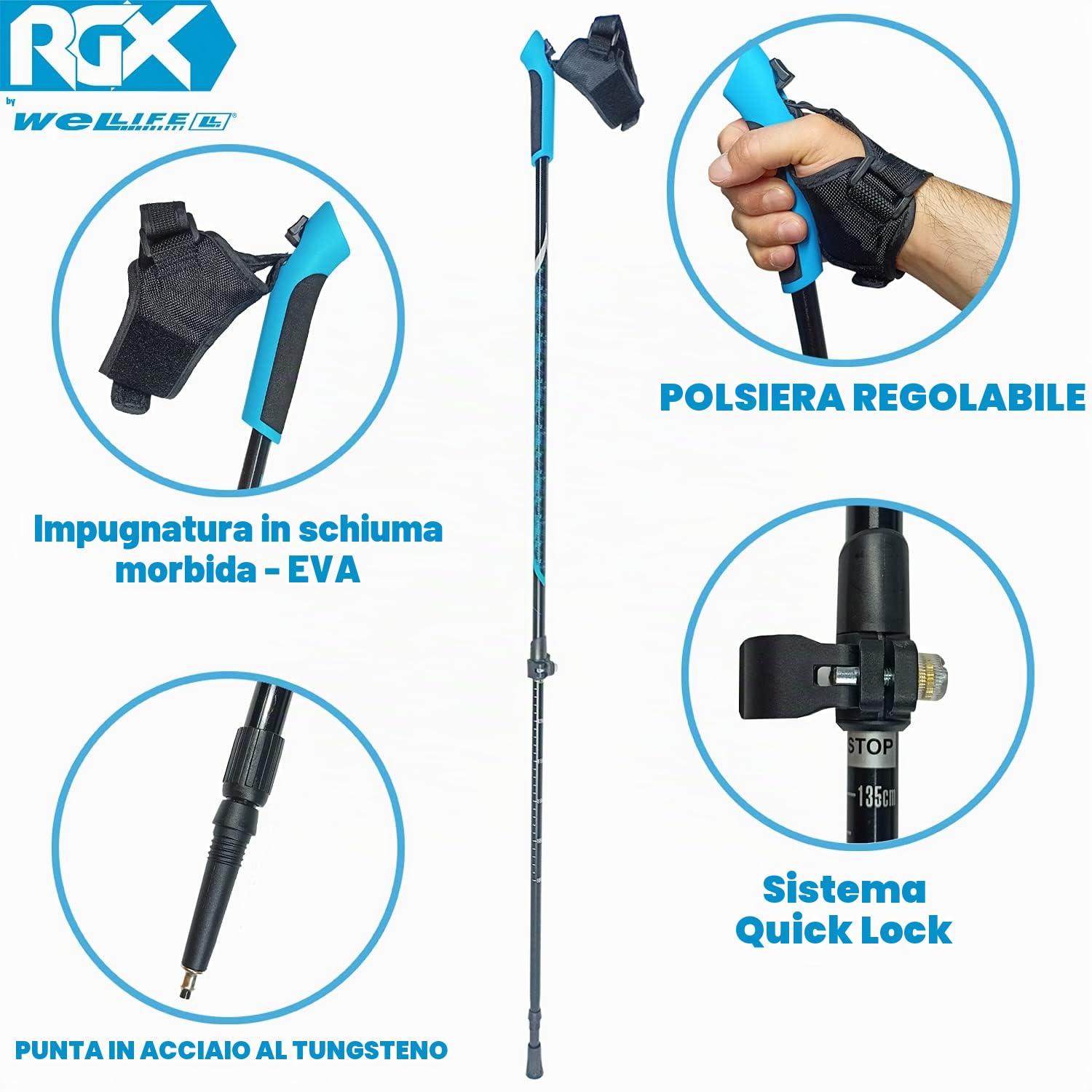 WeLLIFE |Bastoncini Nordic Walking in Alluminio| Polsino con Sgancio Rapido CLICK and GO per Nordic Walking, Escursionismo e Trekking
