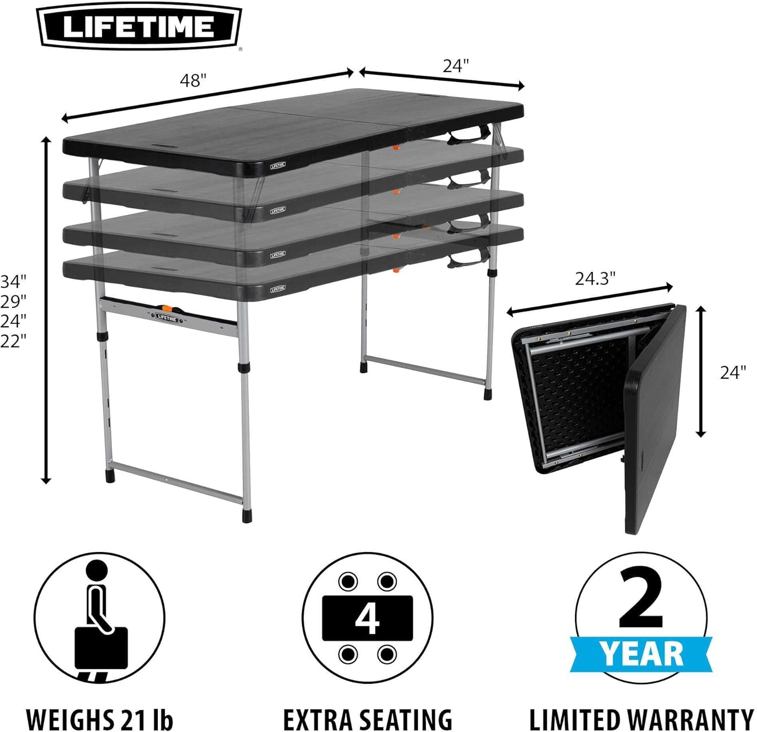 Lifetime Fold-in-Half Adjustable Folding Table, 4-Foot