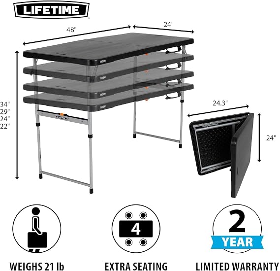 Lifetime Fold-in-Half Adjustable Folding Table, 4-Foot