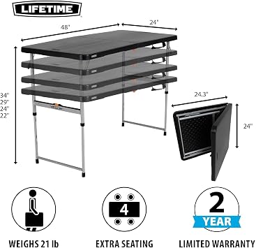 Lifetime Fold-in-Half Adjustable Folding Table, 4-Foot