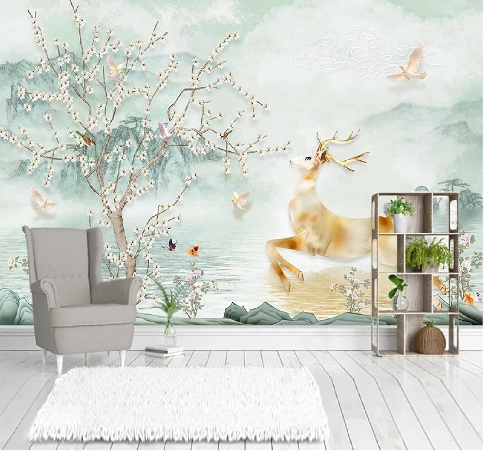 Xlming 200Cm×140Cm(B×H) Relief Rich Trees Landscapes Moose 3D Wallpaper Luxury Silk Study Dining Feature Sofa Grey Bedroom Living Room Tv Decorative Wall-200Cm×140Cm