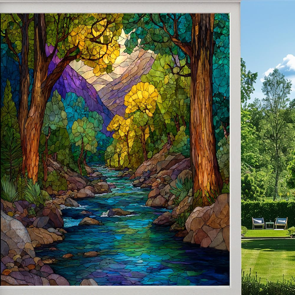 Fantasy Stream Frosted Window Film, Colorful Forest Mountain River Stained Glass Privacy Film, Heat Insulation Self-Adhesive Vinyl for Bathroom Office,（90x140cm）