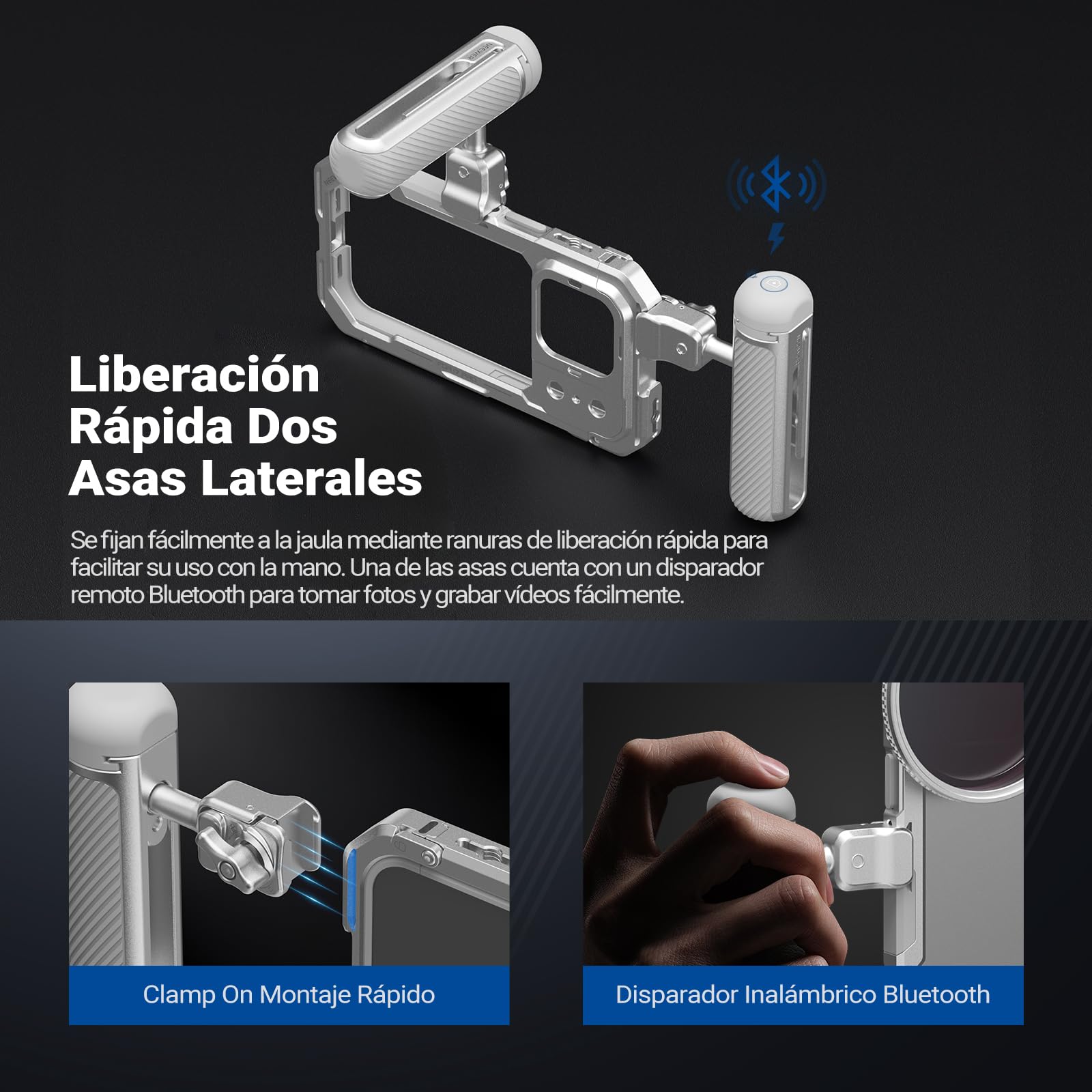 NEEWER Phone Cage Jaula Móvil Kit Compatible Solo con iPhone 17 Pro MAX, Video Rig Estabilizador con 67mm Filtro Aro,17mm Lens Backplate, T Mount Adaptador,Dos Asas Liberación Rápida,PA144 (Plateado)