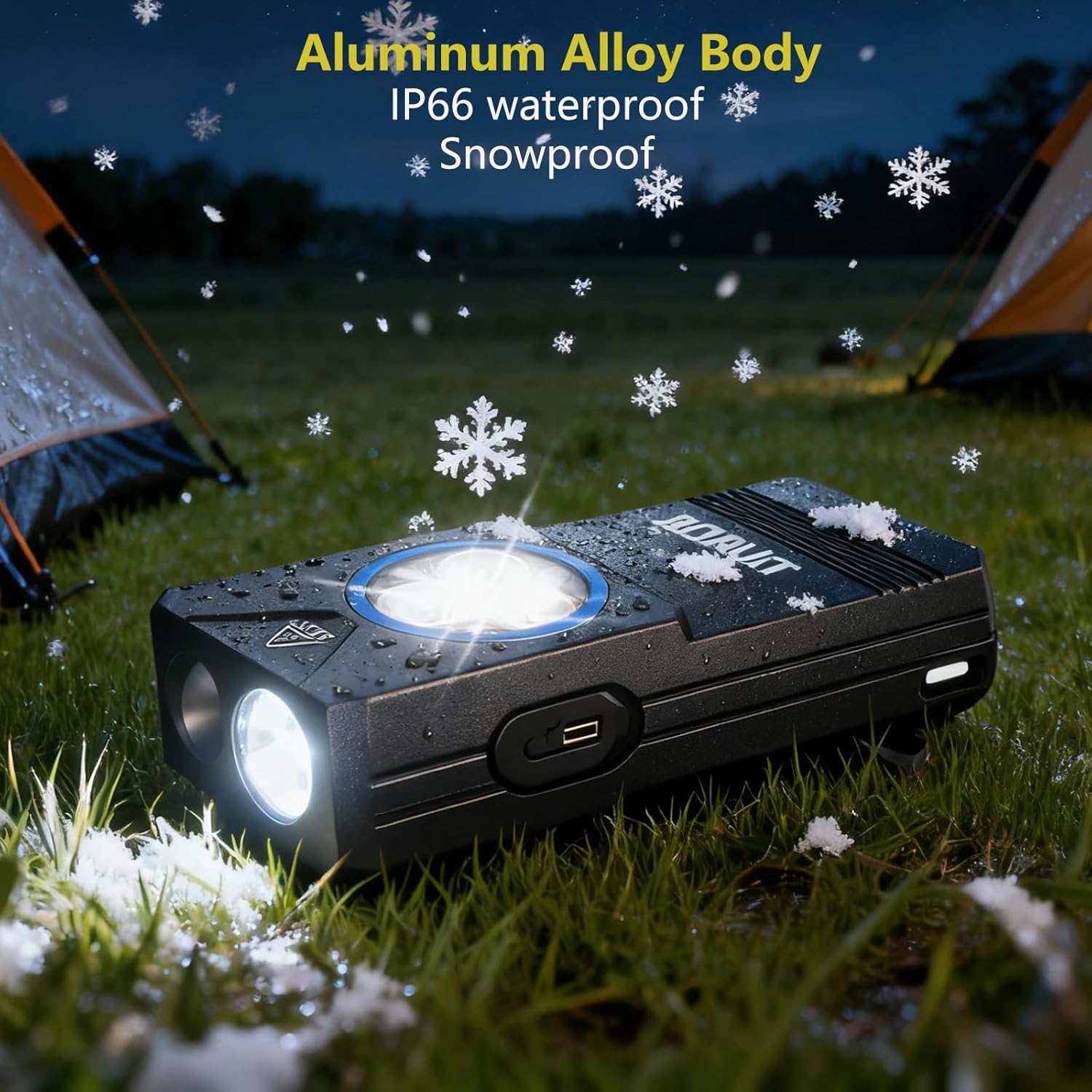 The BORUIT EV30 Mini Flashlight, made of aluminum alloy, lying in snow with its main light on, demonstrating its IP66 waterproof and snowproof capabilities in an outdoor campорнотуу.