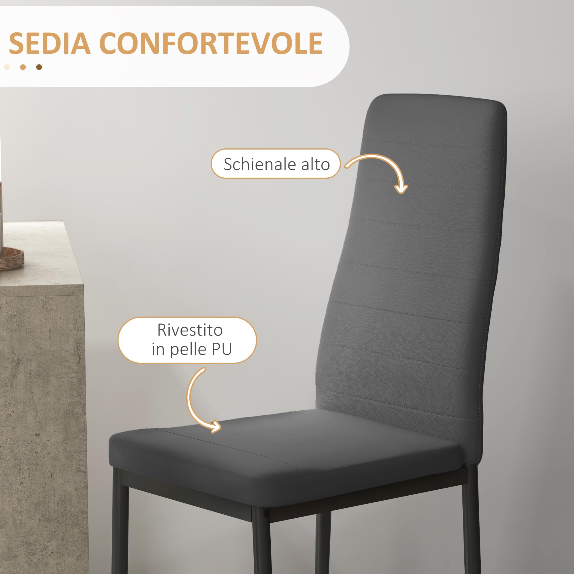 HOMCOM Set da Pranzo 3 Pezzi con Tavolo da Cucina 80x80x76 cm e 2 Sedie Moderne e Salvaspazio 41x50x97 cm, in MDF, Acciaio e Pelle PU, Grigio