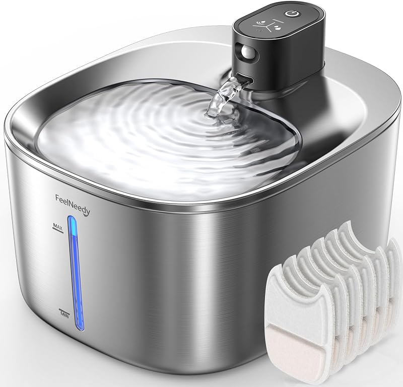 Fonte de água sem fio para gatos e cães FEELNEEDY em aço inoxidável com sensor de movimento, 4 L, YPD-C004S