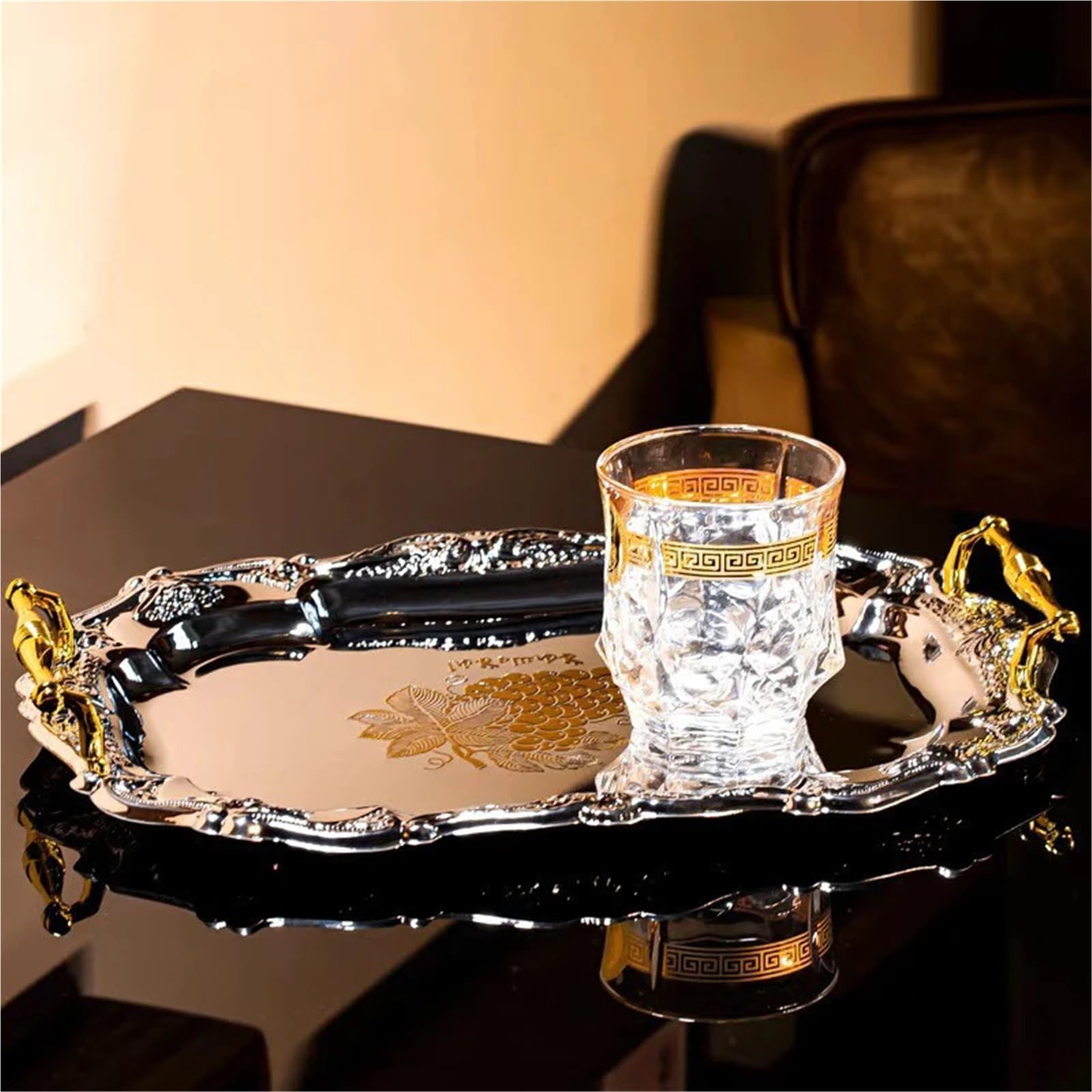 Bandeja Metálica con Asas Bandeja for Servir Resistente for café, té, hogar, Hotel, Bar, Boda, decoración del(Silver L 47x36cm)