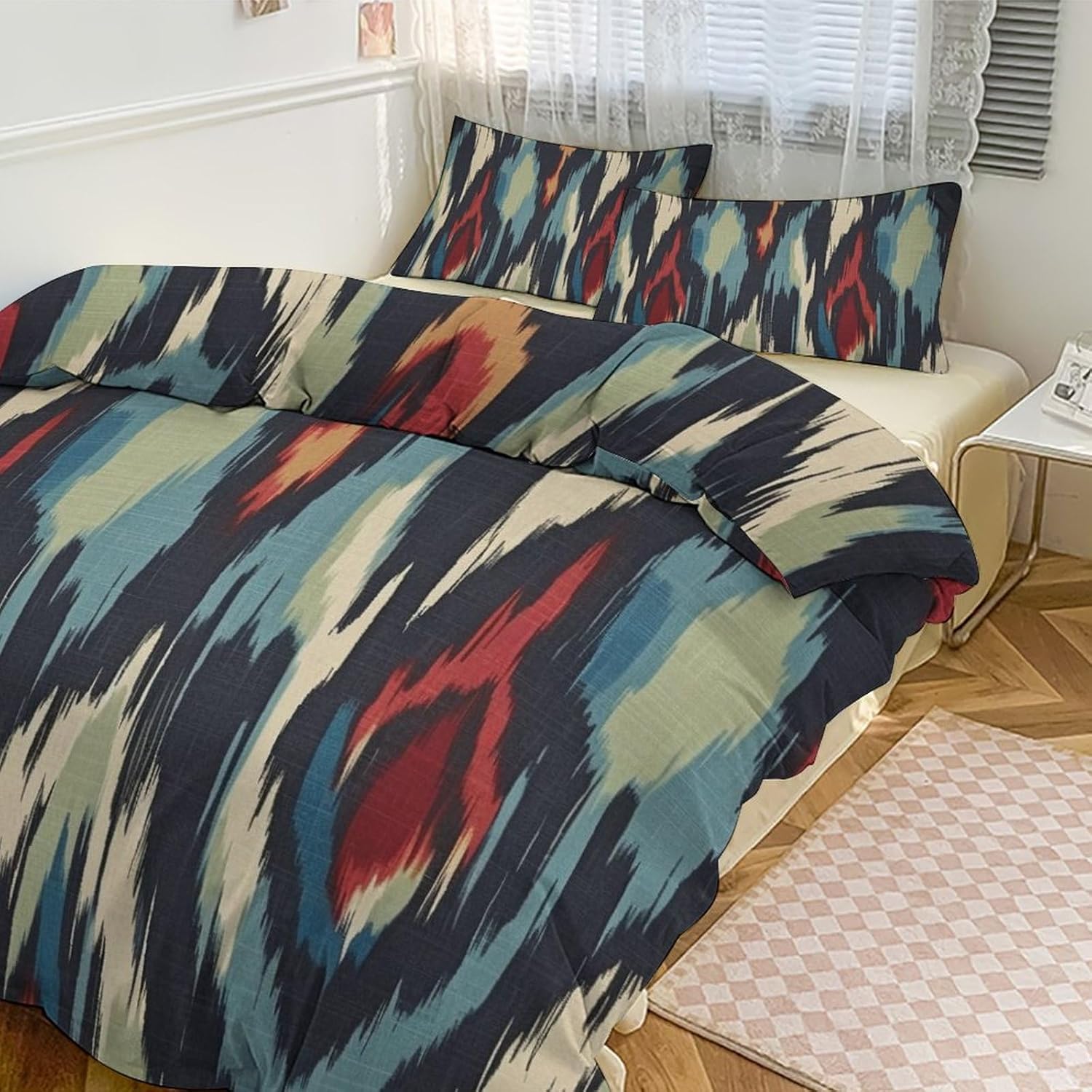 Ikat Queen Size Duvet Cover Set Blue Green Red Cream Bedding Duvet Cover 3 Piece Set Chinoiserie Asian Decor Soft Double Fibre Cover with Zipper 3 Piece Bedding Full Set