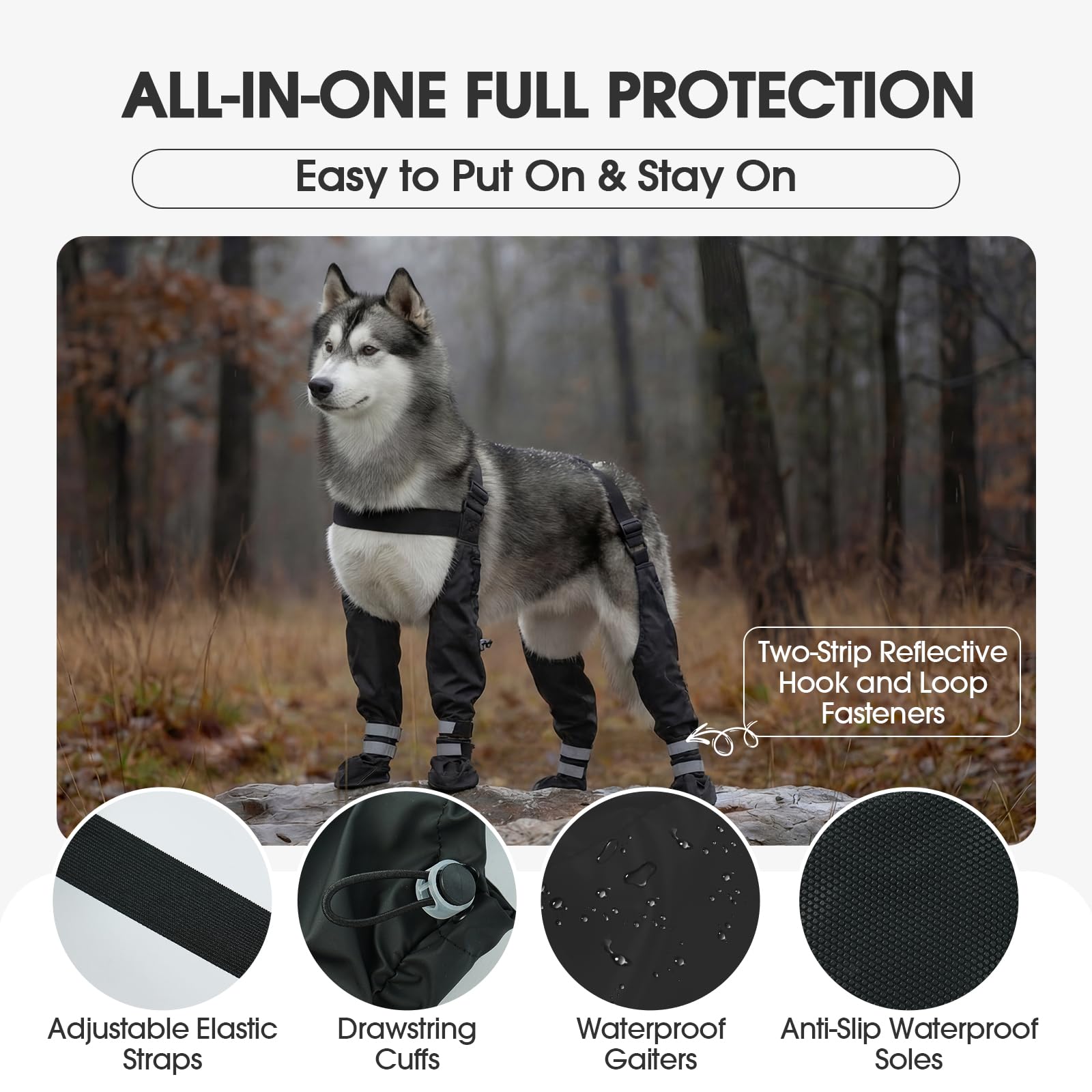 Pezluxe Dog Suspender Boots, Waterproof Anti-Slip Dog Rain Boots with Adjustable Strap for Small Medium Large Dogs, Reflective Paw Protector Pet Shoes for Outdoor Walking, Rain Snow Hiking, Black, L — view 3