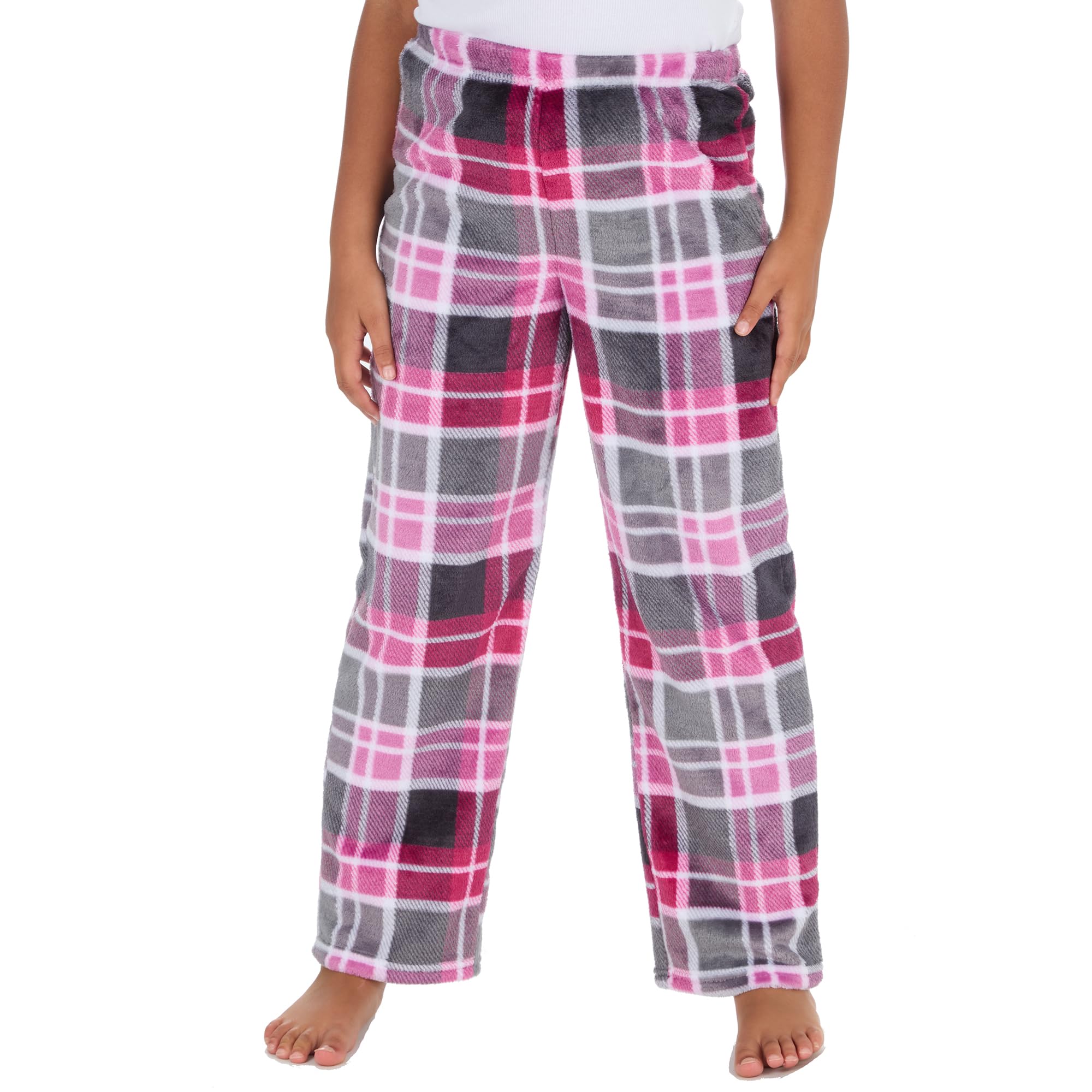Metzuyan WS-AW24 Kids Girls Printed Fleece Lounge Pants Warm Pyjama Bottoms Grey Check 13 Years Pink