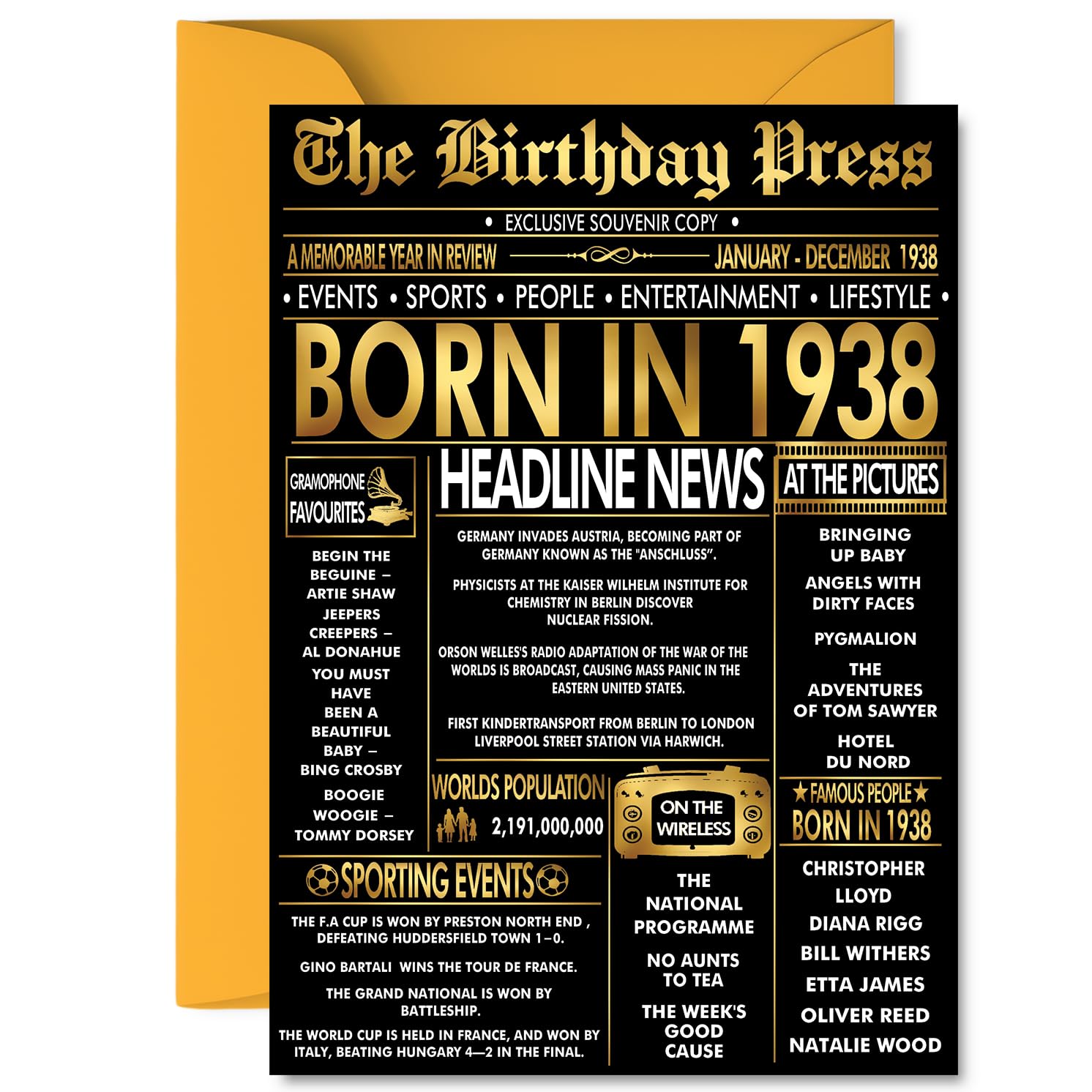 Gold 88th Birthday Card for Men Women - Black & Golden Newspaper Born in 1938 - Happy 88 Birthday Cards for Auntie Grandma Grandad Uncle Nanny Dad, A5 Bday Greeting Cards