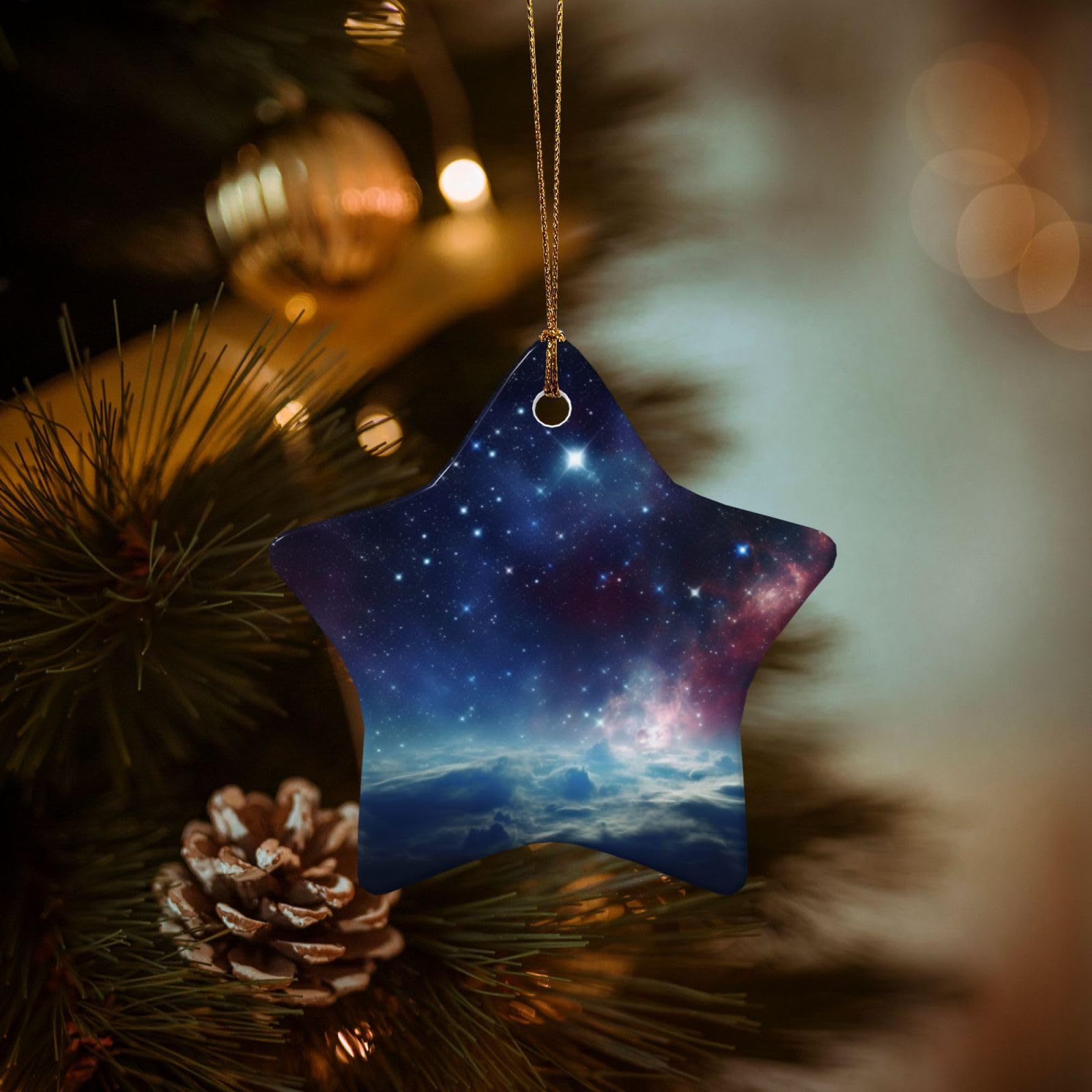 Christmas Tree Ornaments Ceramics Christmas Decorations Night Sky Outer Space Ornaments with Gold Ribbon Porcelain Xmas Tree Crafts Star Shape Hanging Pendant for Christmas Tree Party Decor