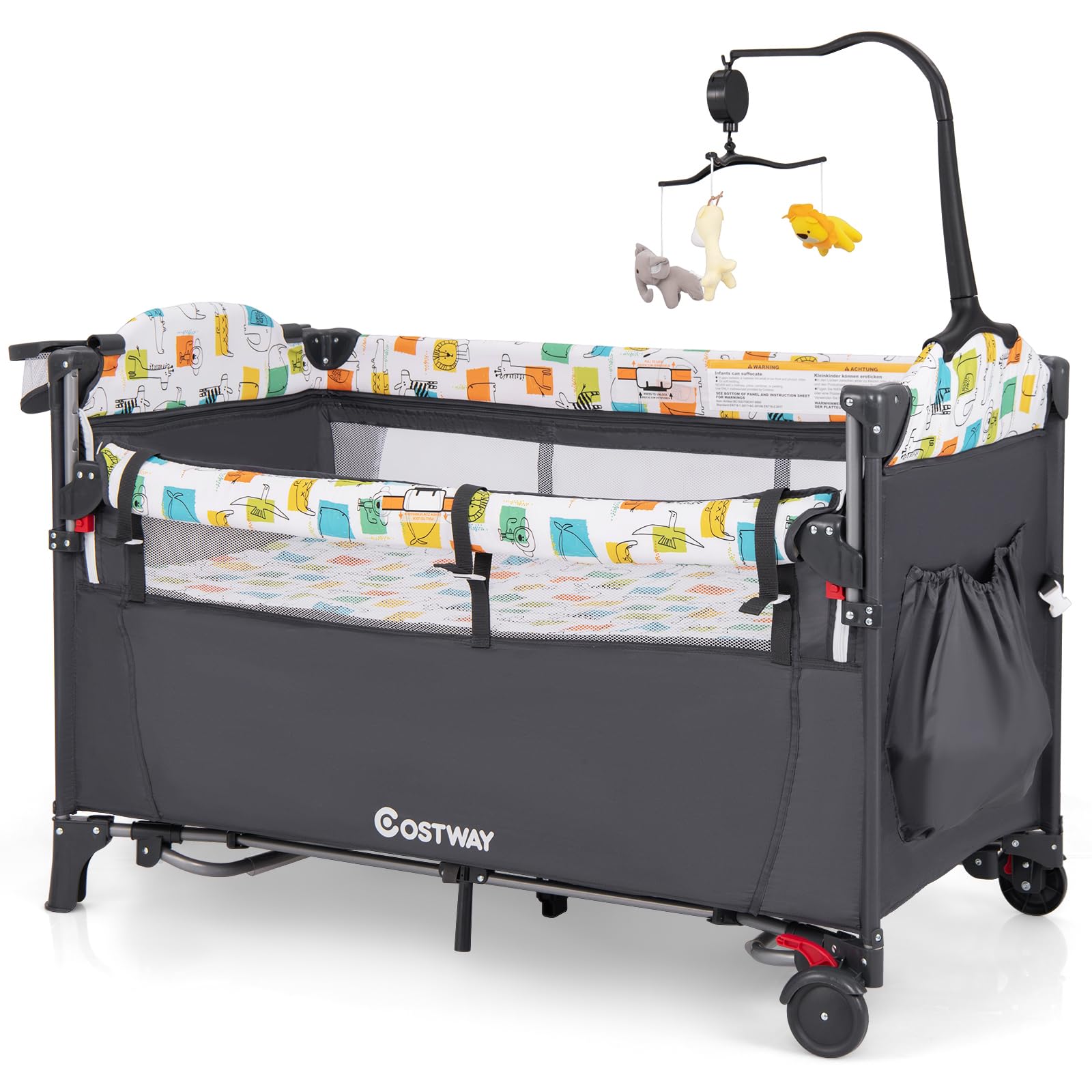 COSTWAY Cuna de Viaje Convertible 5 en 1 con Cambiador, Bolsillo de Almacenamiento, Centro de Guardería para Bebés, Juguetes Colgantes, Cuna Ajustable de 4 Niveles con Ruedas y Frenos (Gris)