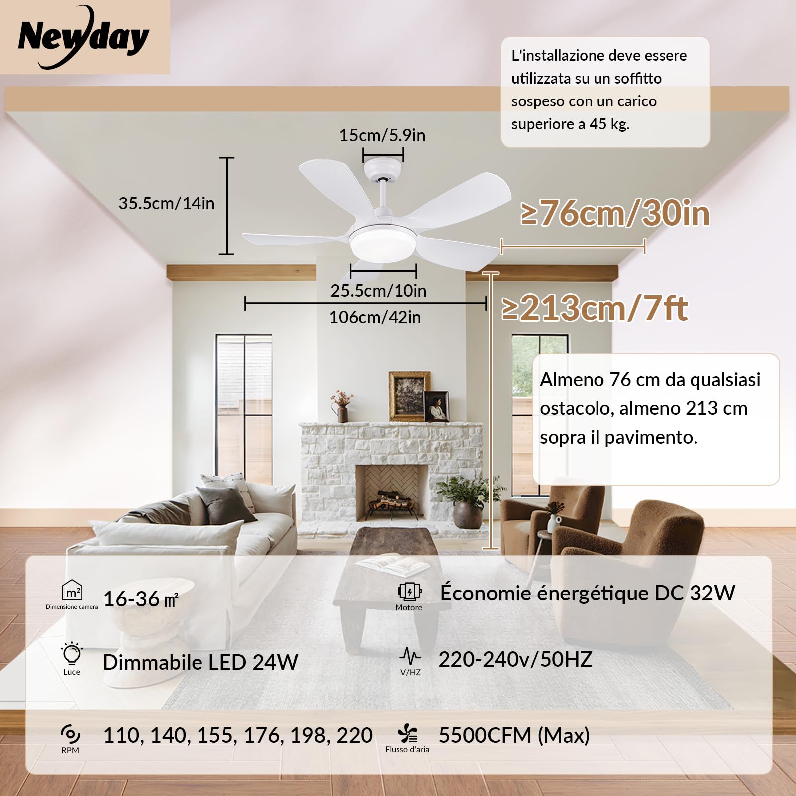 Newday Ventilatore da Soffitto con Luce e Telecomando Bianco, 106cm Ventilatore da Soffitto con Lampada Dimmerabile, Pale da Soffitto Silenzioso con Motore DC 3 Timer 6 Velocità Funzione di Memoria