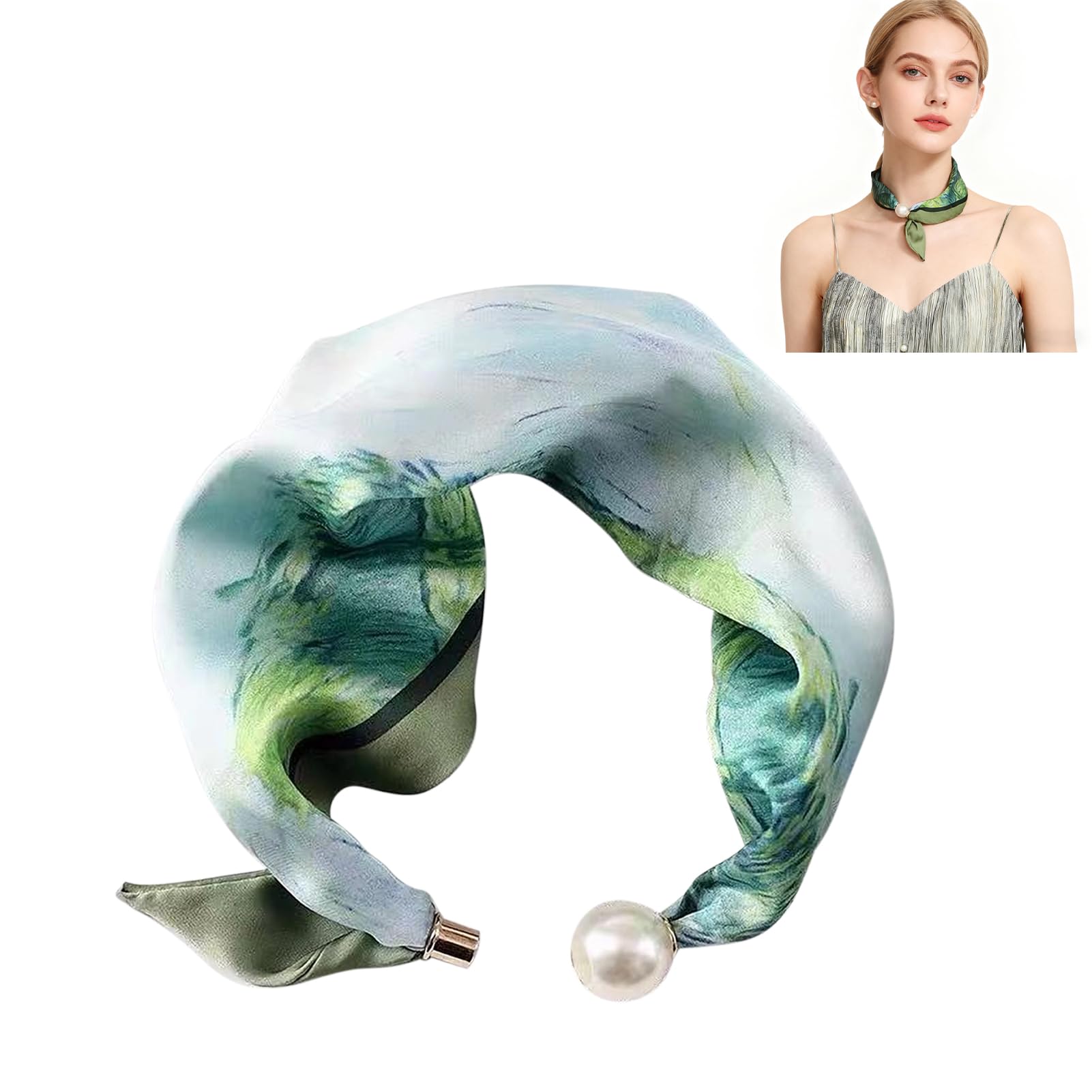 MIUPOO Magnetic Pearl Scarf,Satin Scarves for Women,Classic Printing Scarf,Elegant Neck Tie,Hair Bandanas Scarves,1 Piece. (1, green)