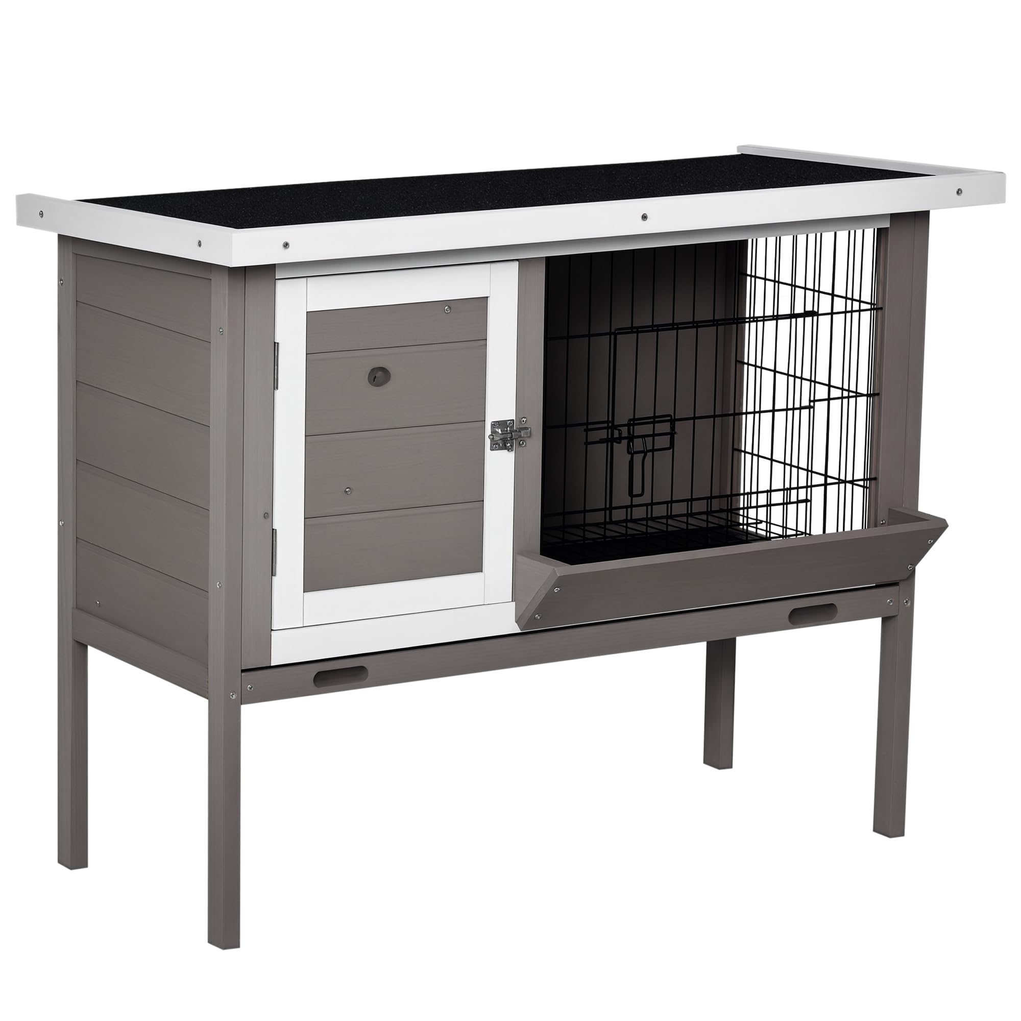 PawHut Conejera de Madera Elevada Jaula para Conejos con Techo Asfáltico Abatible Puertas con Pestillo Bandejas Desmontables Conejera para Exterior 91x46x71 cm Gris