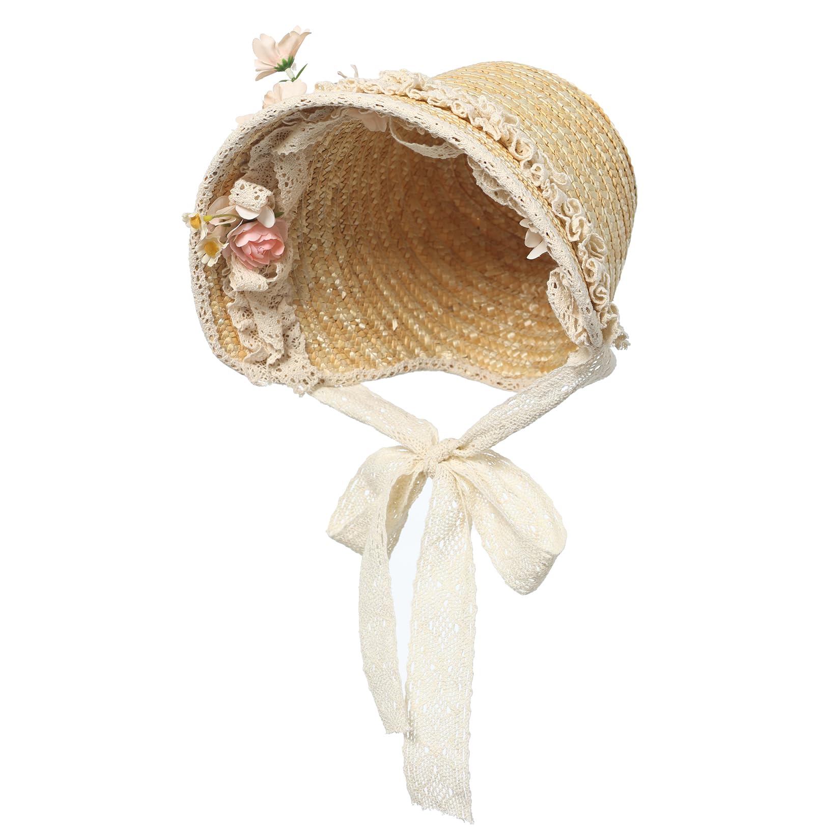 CAMDOM Sombrero Victoriano para Mujer, para Fiesta de té, con Lazos, Flores, Sombrero de Paja Plano, Color marrón