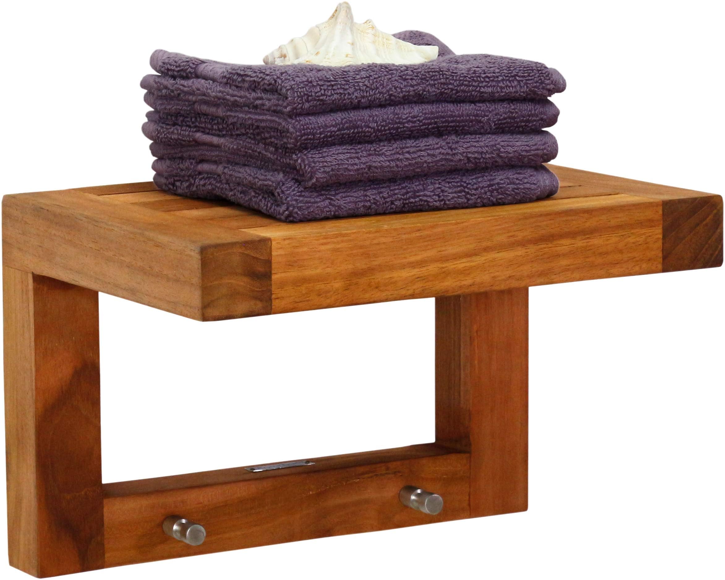 AquaTeak 12" Moa Teak Flat Wall Shelf with Hooks