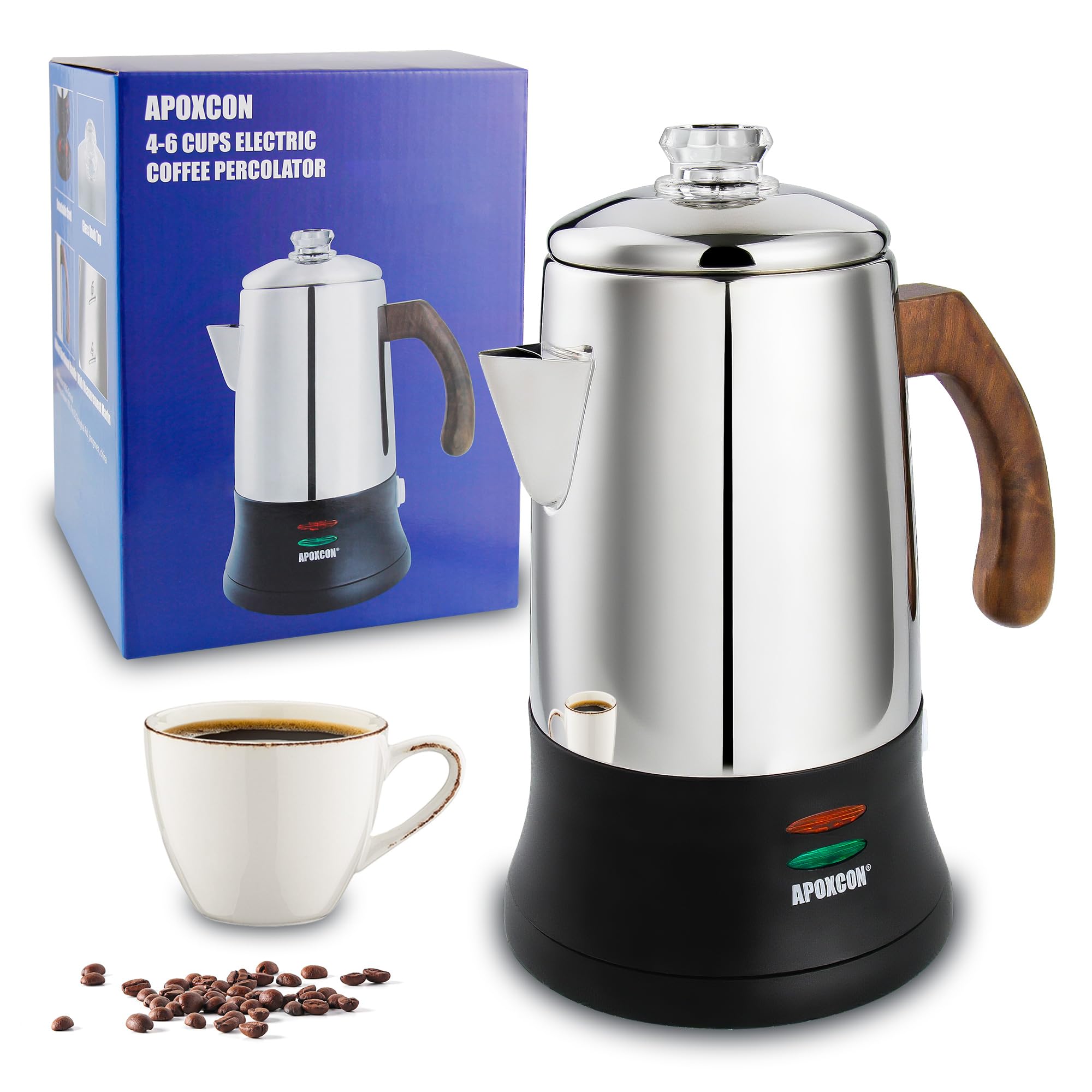 APOXCON Edelstahl 18/8 (SS304) Kaffeemaschine Elektrischer Perkolator, Kordlos mit Schauglas für Haushalt Hotel Geschenkbox (6 Tassen)