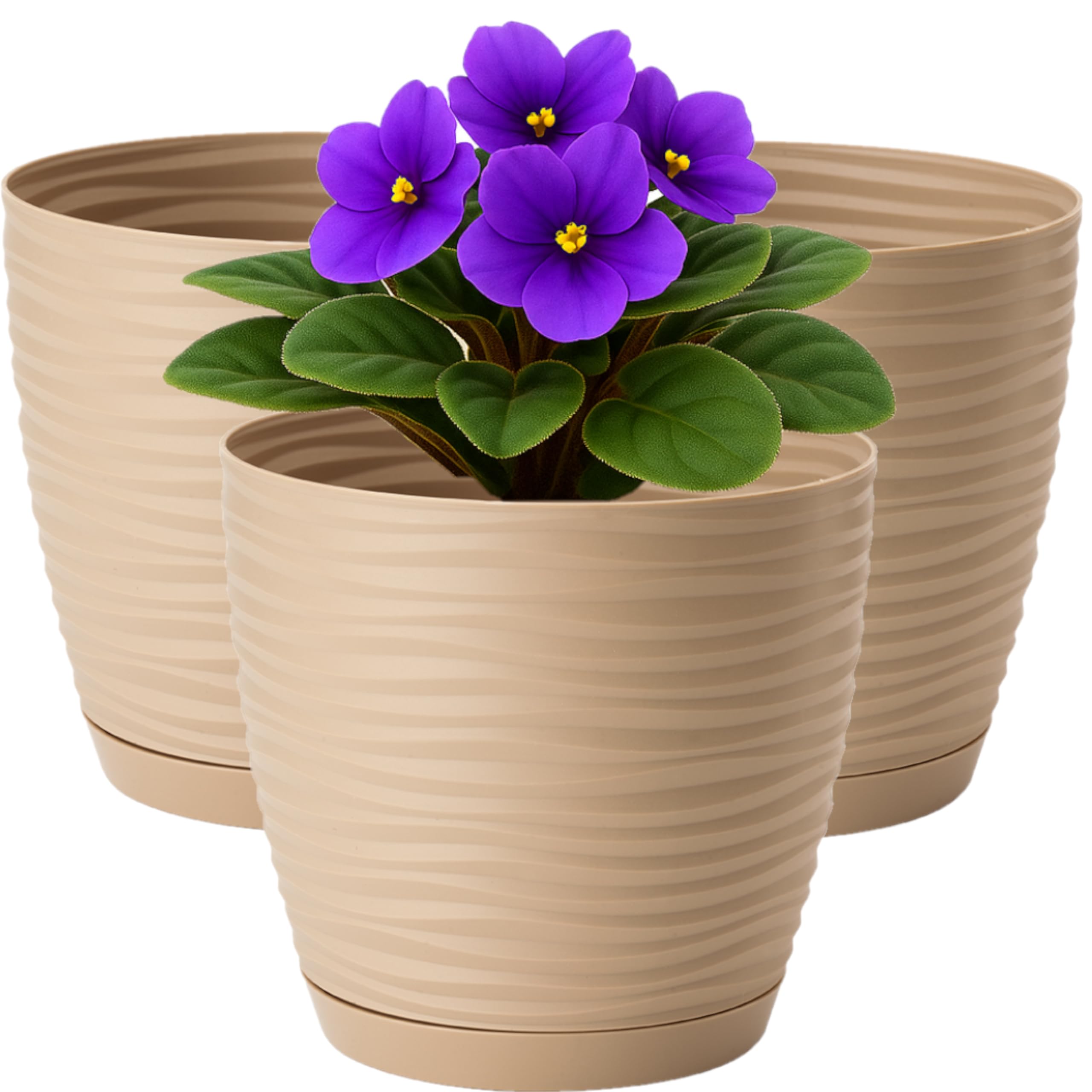 Home Garden Ornaments Taupe Wave Plant Pots Indoor, Set Of 3 Indoor Plant Pot With 3D Effect, Drainage Holes, And Integrated Saucer, Plastic Flower Pots (Diameter: 17Cm, Colour: )