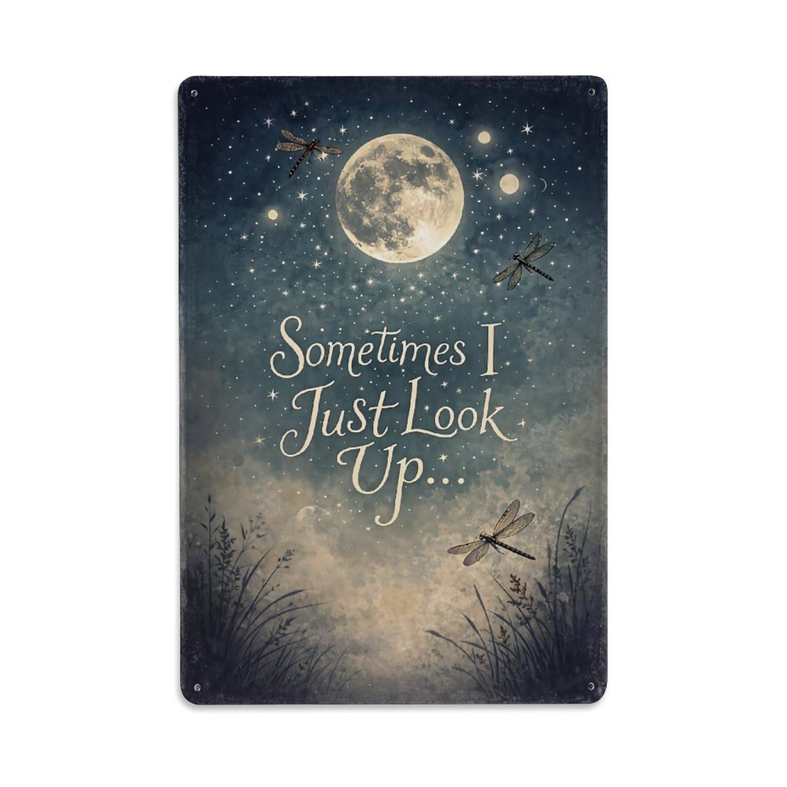 Jdfenggu Vintage Moonlit Night Sky Dragonflies Grass Retro Metal Tin Sign, Metal Poster For Bar, Home, Man Cave, Kitchen, Laundry Room Art Decor 8X12 Inch