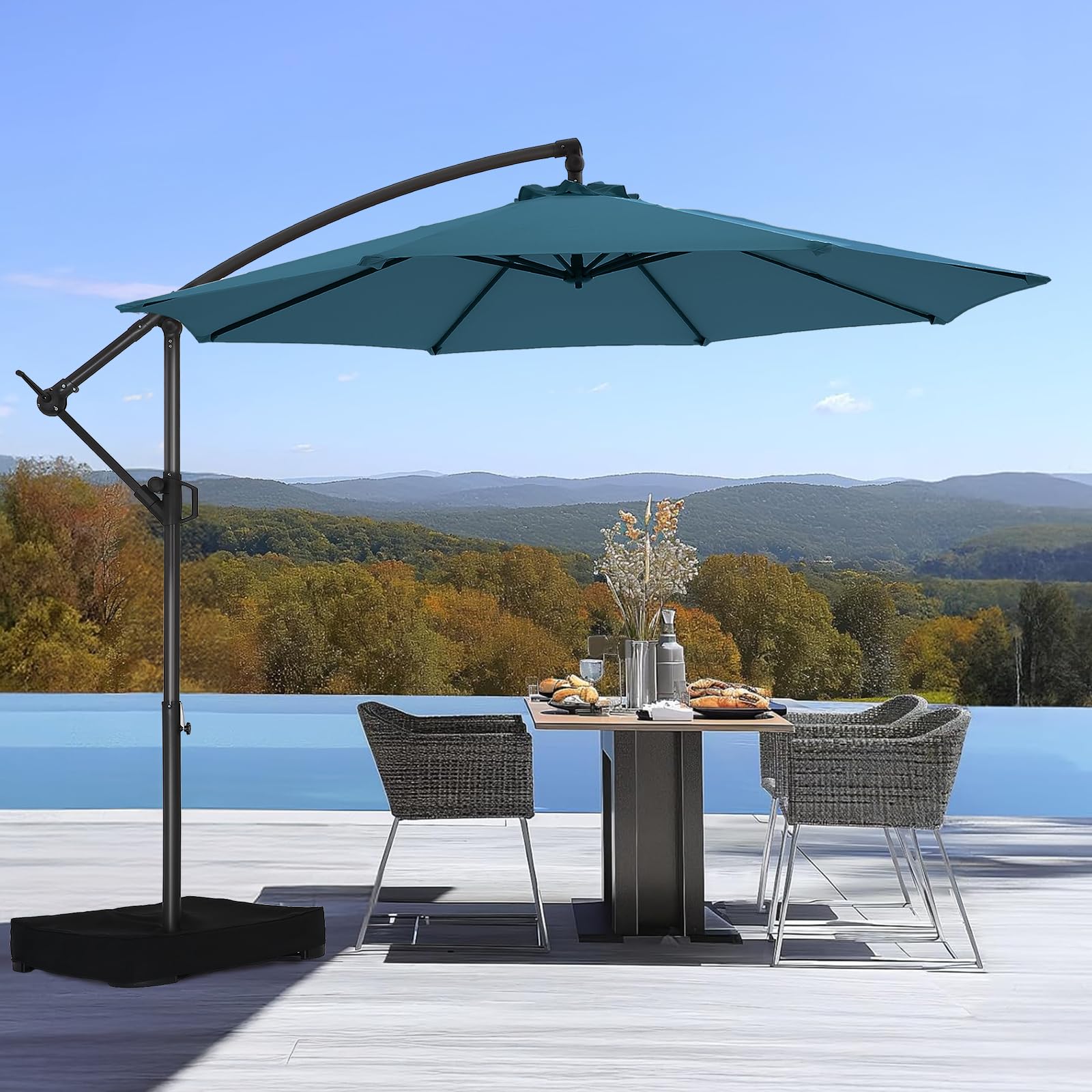 HOMSHADEHOMSHADE 10ft Offset Patio Umbrella with Base Included, Cantilever Offset Hanging Patio Outdoor Market Umbrella UPF50+ UV Protection with Easy Tilt and Crank for Pool Deck and Garden(Peacock Blue)