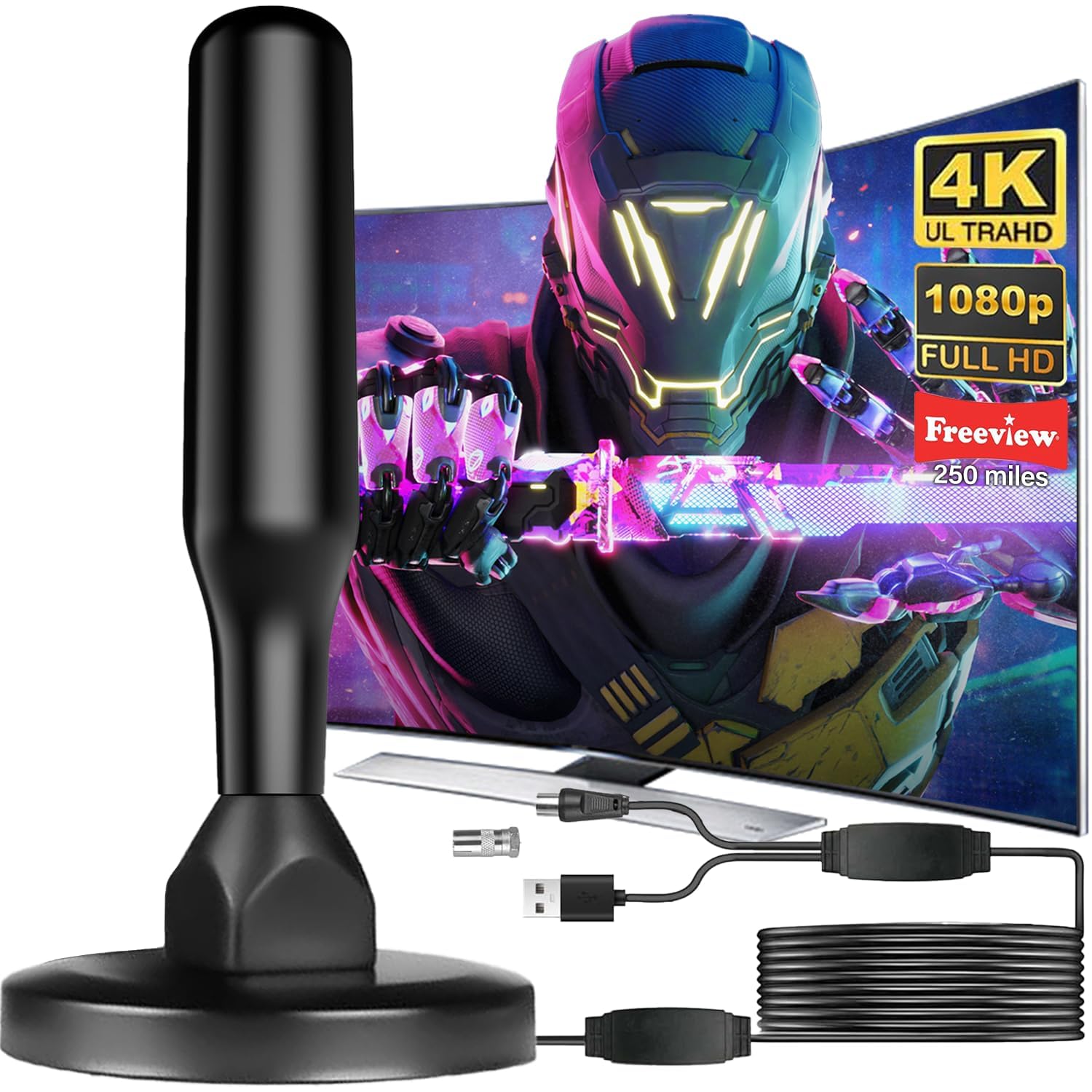 Antenna TV Interna 2026 Antenna TV Interna Amplificata Potente, Terrestre con 500 km di Ricezione con Base Magnetica, Amplificatore di Segnale Support 4K HD/1080P per HDTV (blackgrey)