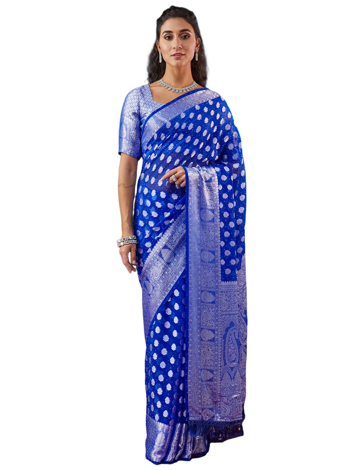 Satrani Women's Georgette Weaving Banarasi & Stone Work Saree With Unstitched Blouse Piece (4117S6553N_Dark Blue)