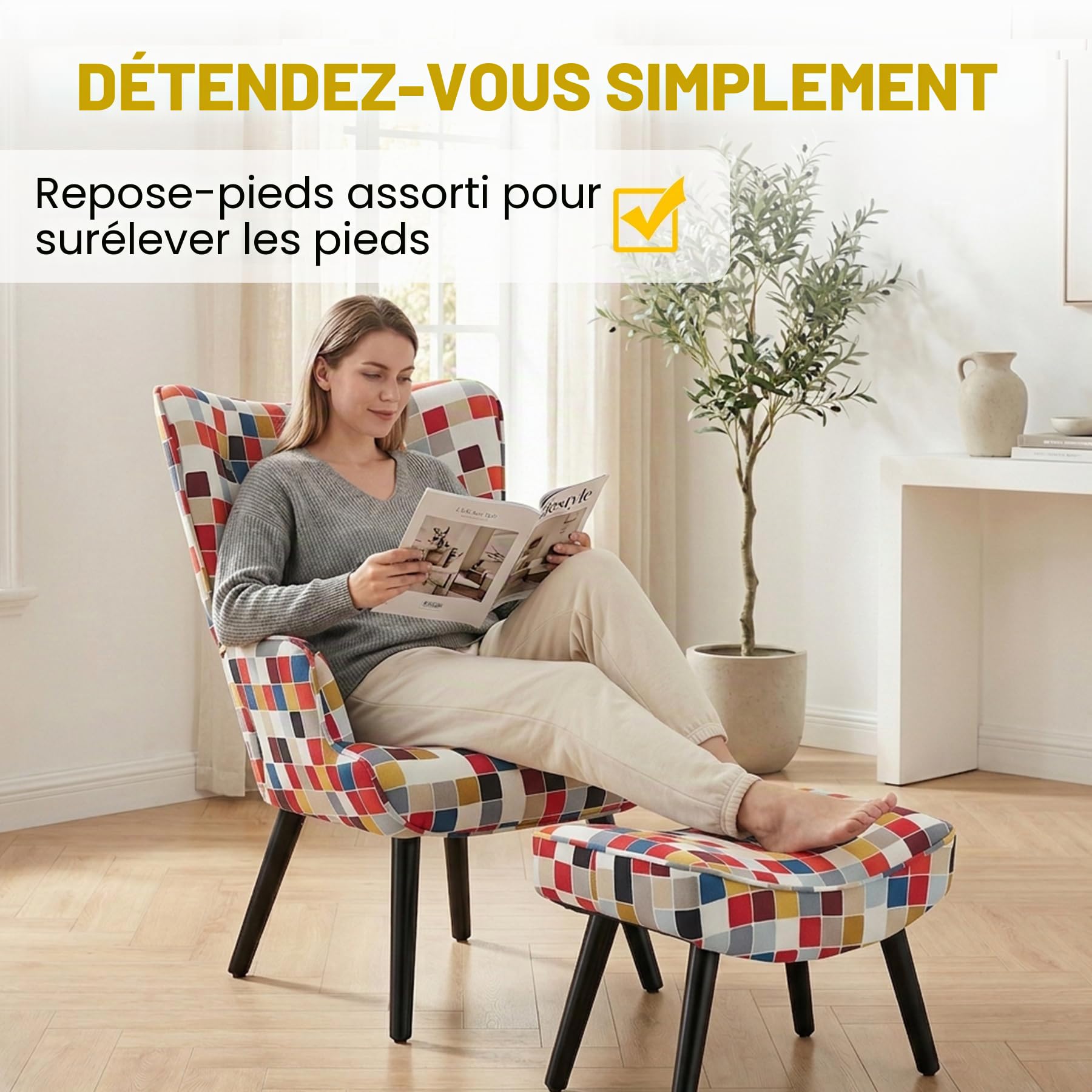 Fauteuil Patchwork Scandinave avec Repose-Pieds Support Lombaire | Fauteuil de Lecture Confortable avec Bois Massif, Tissu Lin et Design Ergonomique, pour Salon, Chambre ou Balcon