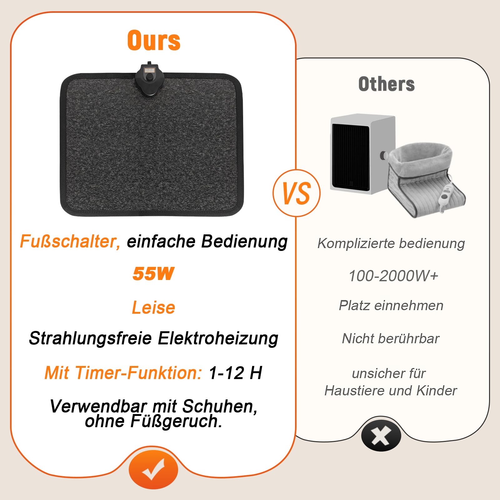 Fußwärmer Elektrisch – 230V Heizmatte Mit 1-12H Timer &7-Temp Heizstufen bis 60°C Wärmepads – 55W Fusswärmer Fußschalter & Thermostat Fussbodenheizung (Schwarz mit Muster)