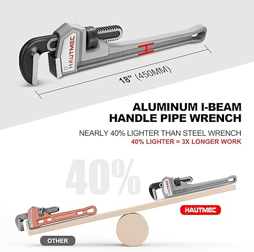 Miniatura 2 de HAUTMEC Llave de tubo recta de aluminio de 18 pulgadas, llave de fontanería ajustable resistente, capacidad de mandíbula de 2-12", para tuberías,