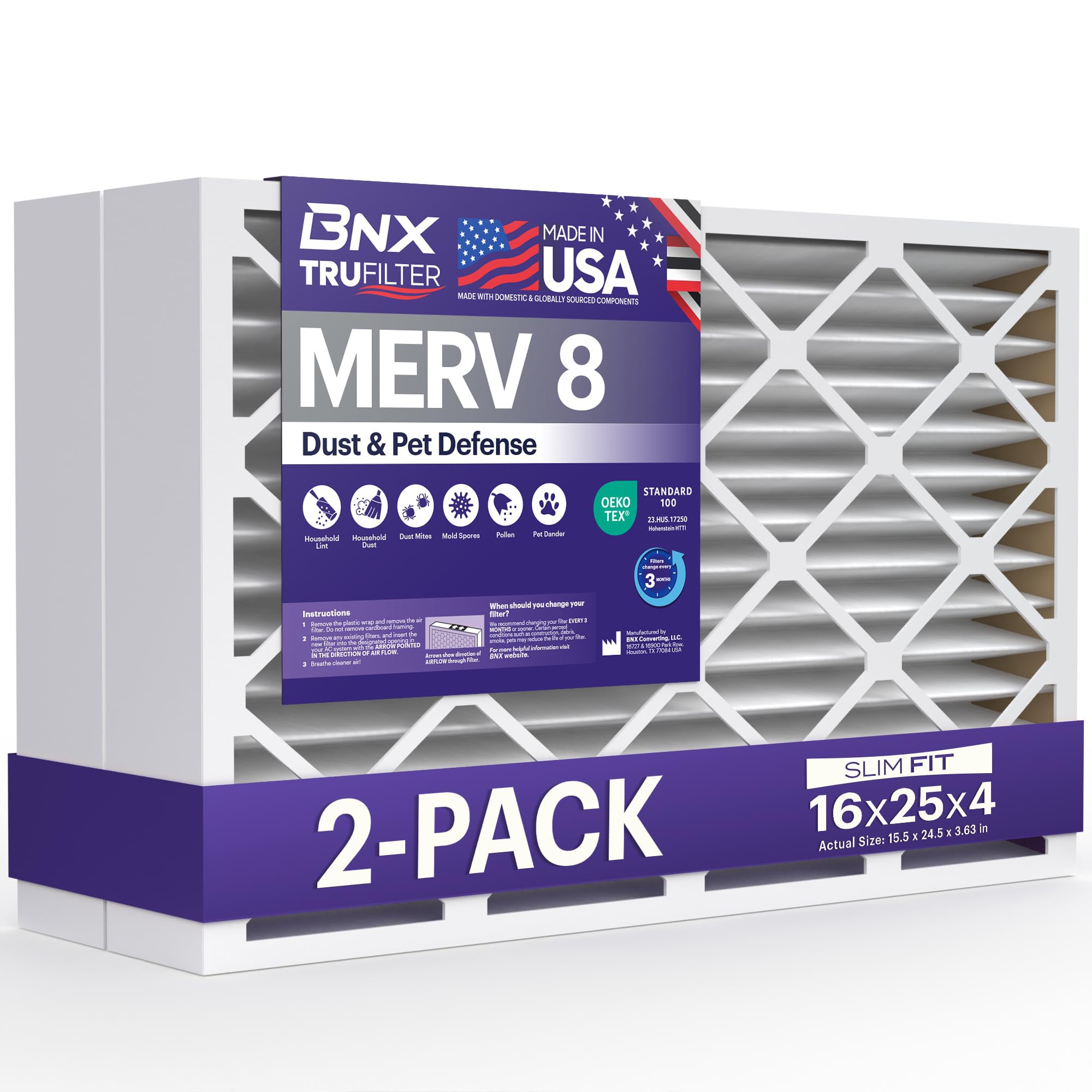 BNX TruFilter 16x25x4 MERV 8 (2-Pack)