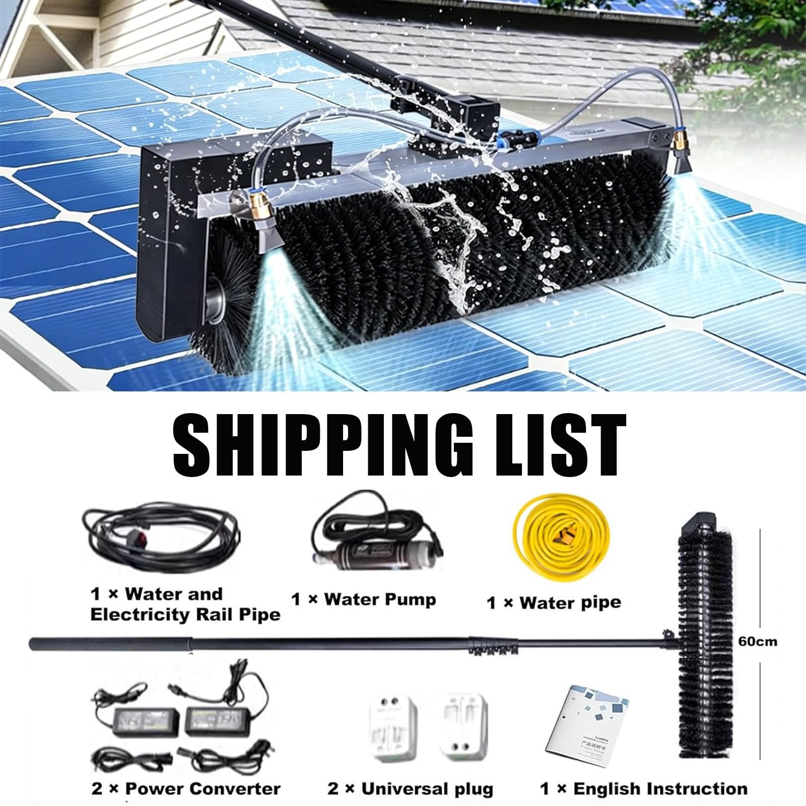 Palo Limpiacristales con Agua y Electricidad – Cepillo 60cm Giratorio 350rpm, 10m, asta telescópica Aluminio, Protector Agua – Limpia Placas solares, Autocaravana, tejado 3.5m-Oneset