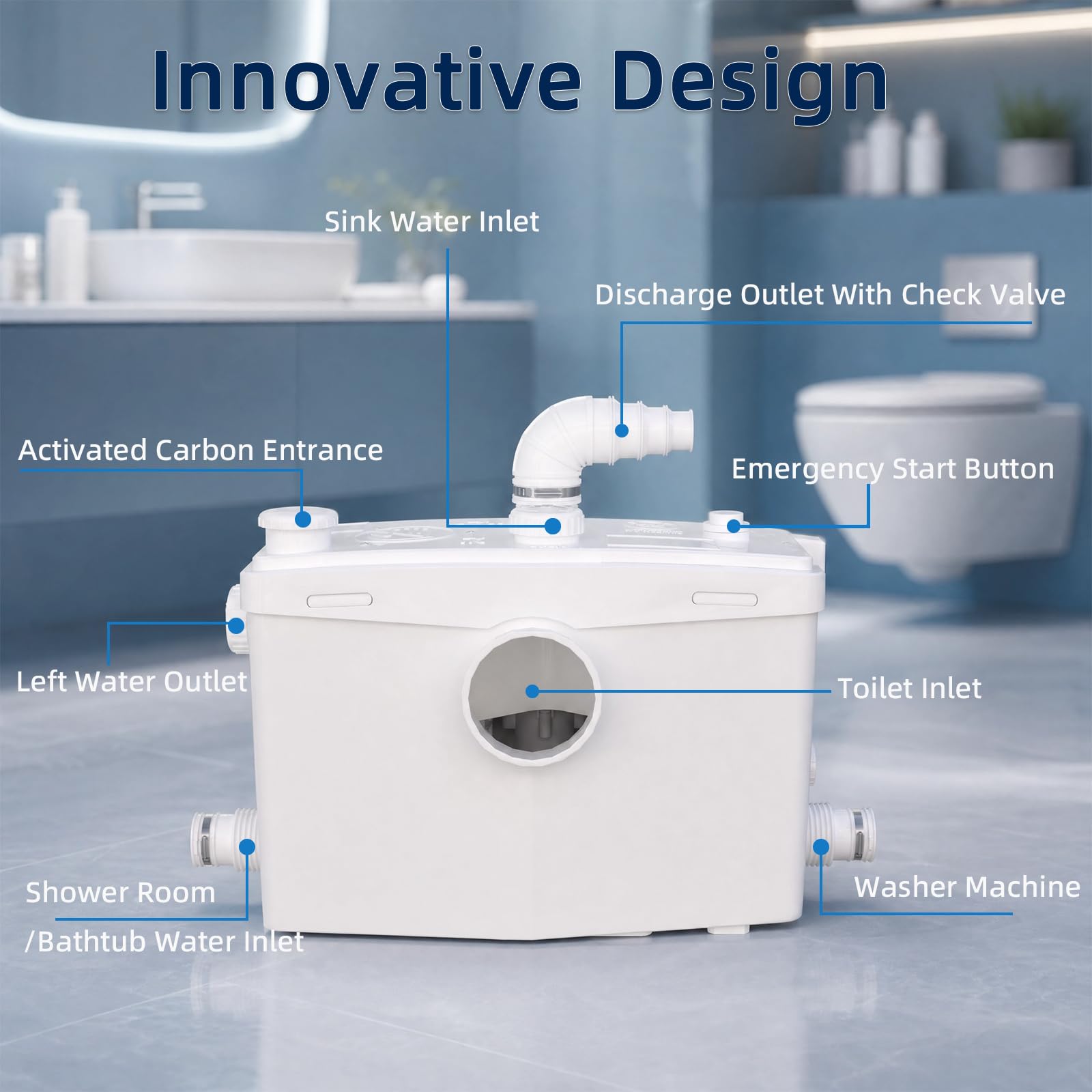 Bomba maceradora de alta eficiencia de 800 W para alcantarillado, ideal para aplicaciones de sótano, cocina, inodoro, baño y dormitorio, 2 salidas y 4 entradas, bomba de tratamiento de aguas