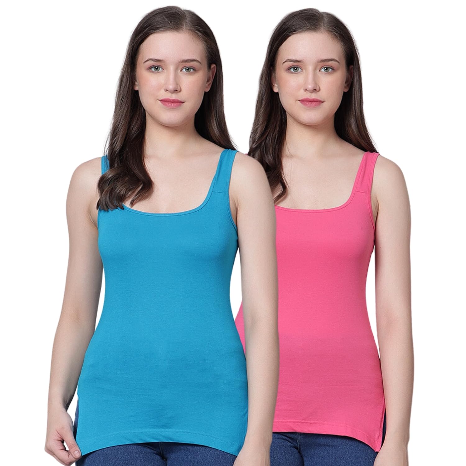 Women's Regular Fit Sleeveless Cotton Long Camisole Slip Spaghetti Combo Pack of 2
