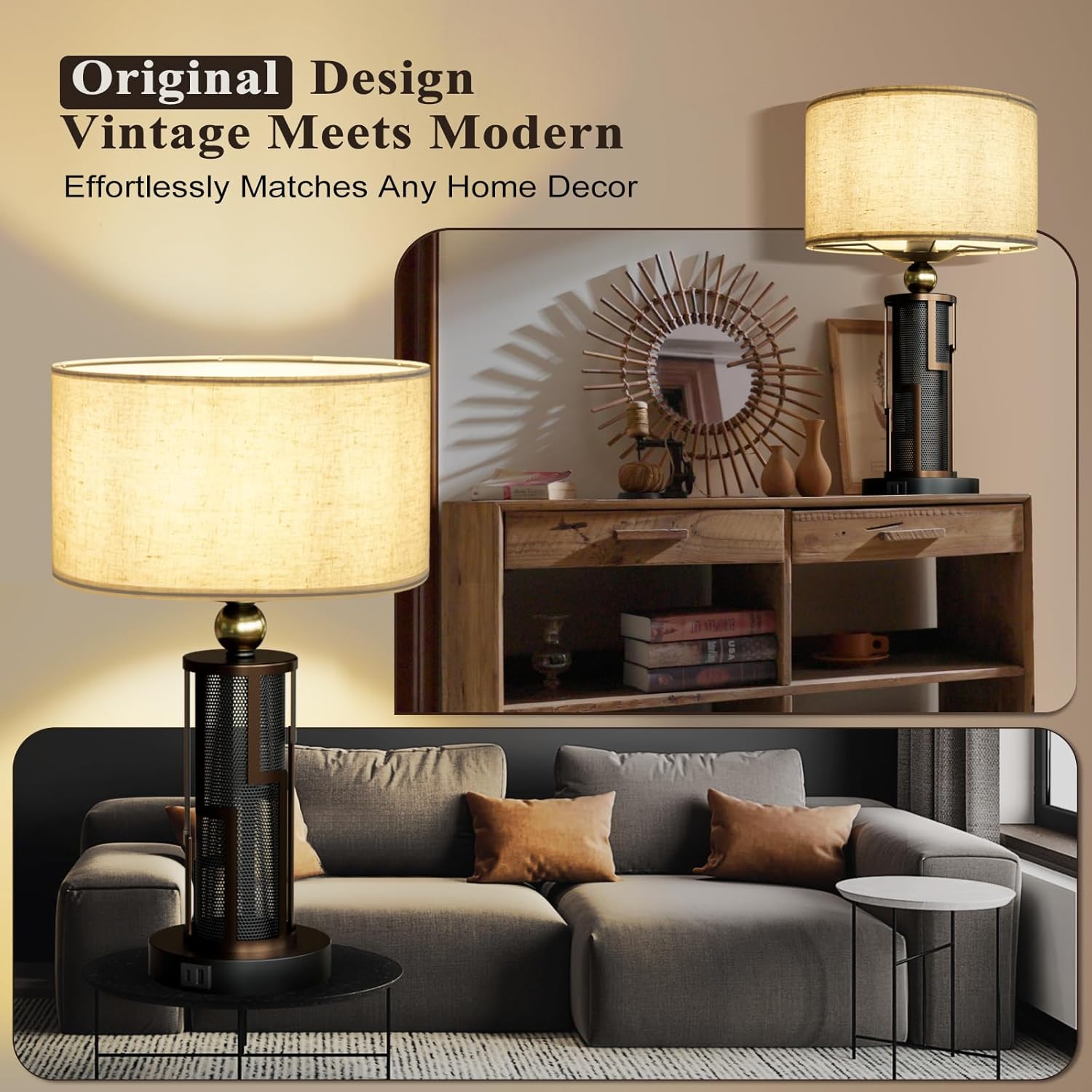 V07-2 21.65" Farmhouse Table Lamp, Rustic Bedside Nightstand Light with USB A+C Charging Ports for Nightstand Bedroom Study Living Room, 3-Way Dimmable Desk Lamp