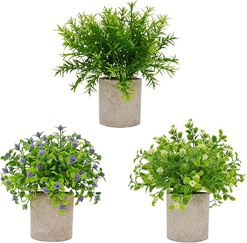 ROBOPOWER Plantas de flores artificiales, paquete de 3 mini plantas de plástico, flores de hierba verde fresca falsa en maceta gris para decoración