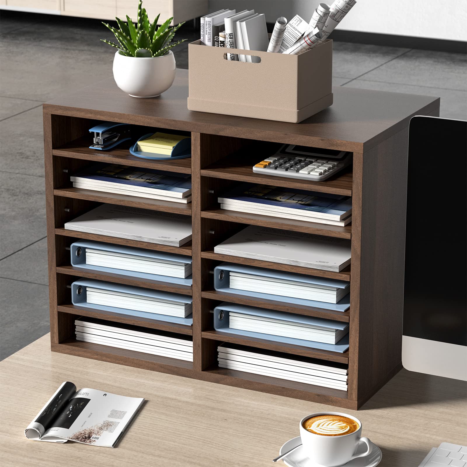 VEVOR Organizador de Literatura de madera Aglomerado Estante de Almacenamiento de Documentos de 12 Compartimentos 52x30,5x41 cm Clasificador de Literatura con Estantes Ajustables para Oficina, Marrón