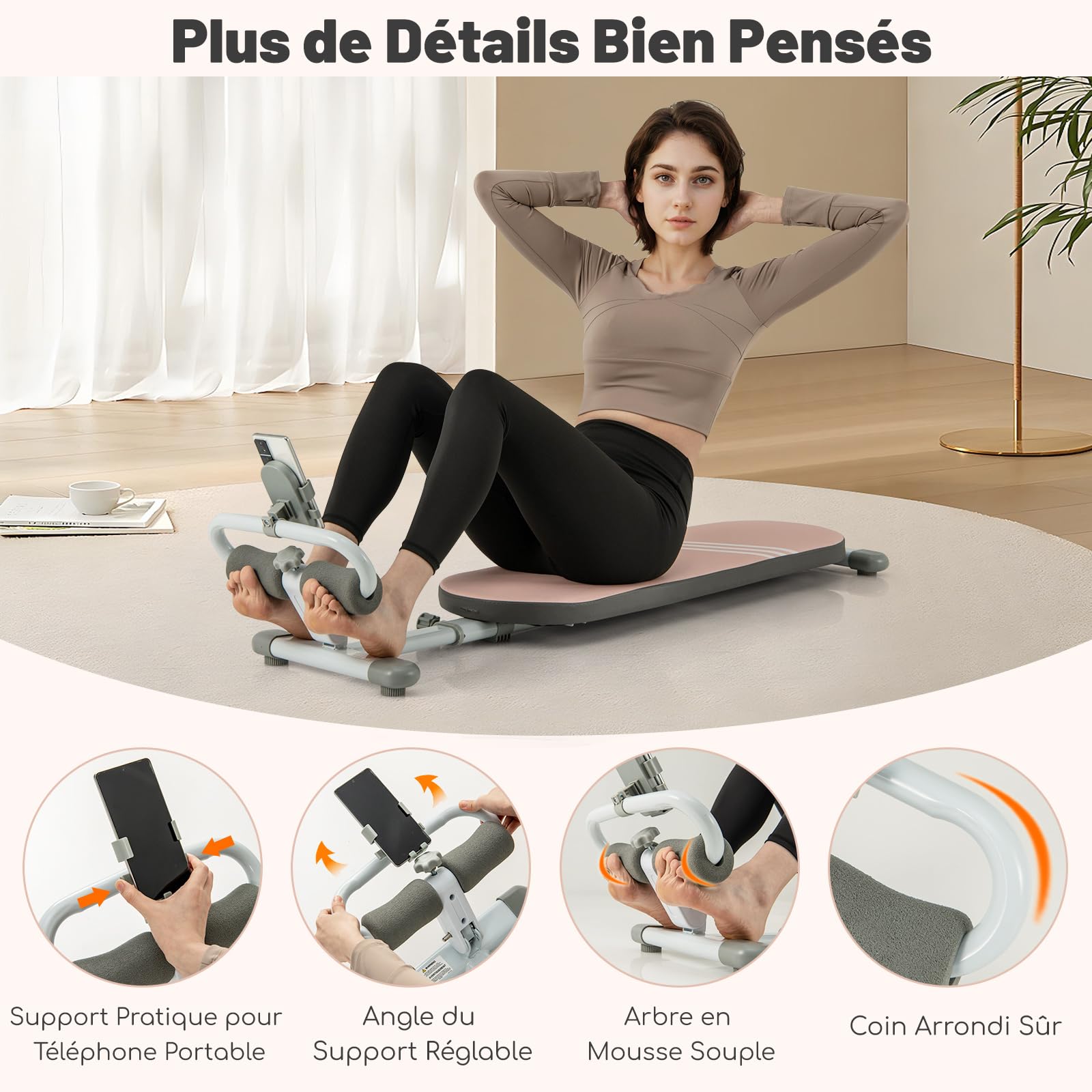 GYMAX Banc Musculation Plat pour Fitness, Longueur Régable 120-137 CM, Inclinaison Régable de Support des Pieds à 3 Niveaux, pour Entraînement des Abdominaux et des Jambes, avec Porte-Téléphone