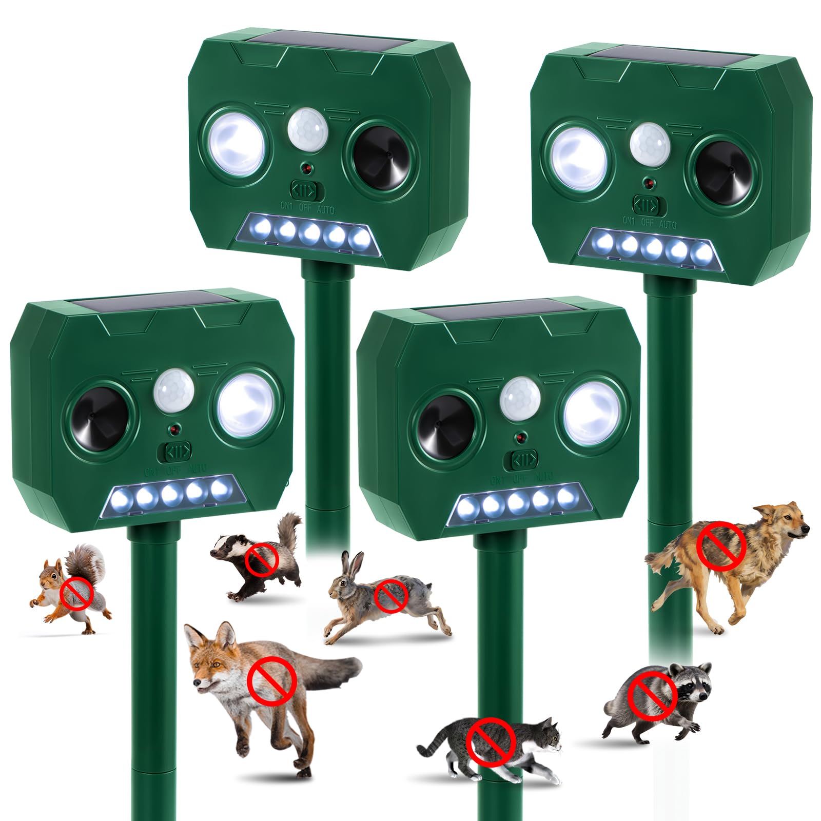 Solar Ultraschall Tiervertreiber Outdoor, 4 Pack Katze Eichhörnchen Waschbär Vogel Hund Hirsch Abwehrgeräte mit PIR Bewegungsmelder & LED Blitz, Wasserdicht Tierschreck für Garten Hof Farm