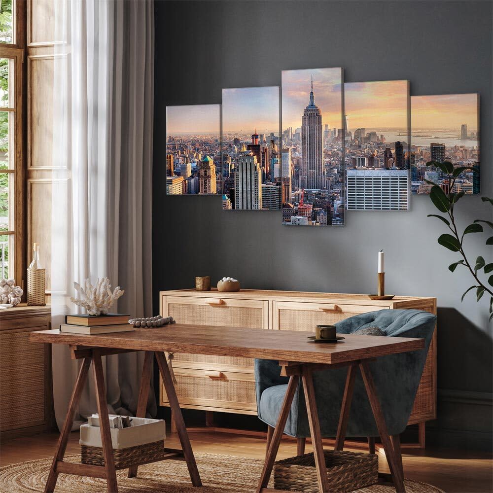 decomonkey Quadri Moderni Soggiorno New York Paesaggio, 5 pezzi, 150x75 cm | Tela strutturata su telaio in legno, decorazione da parete, natura, Quadro Stampa su Tela