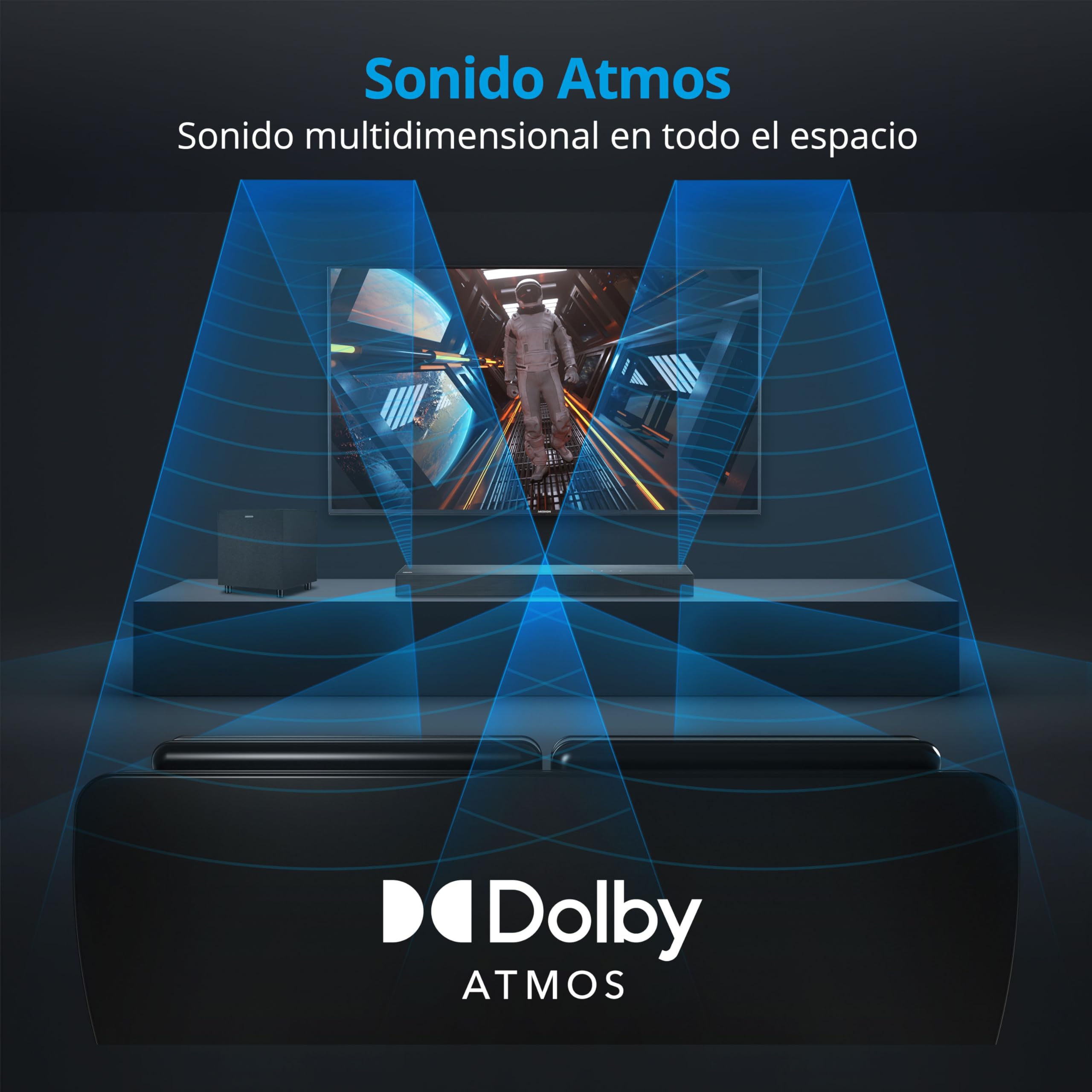 MEDION S61022 Barra de Sonido Dolby Atmos 3.1 con subwoofer inalámbrico (para televisores, Bluetooth 5.3, HDMI eARC CEC, Entrada óptica, AUX, subwoofer inalámbrico 3 x 20 W + 60 W (RMS)