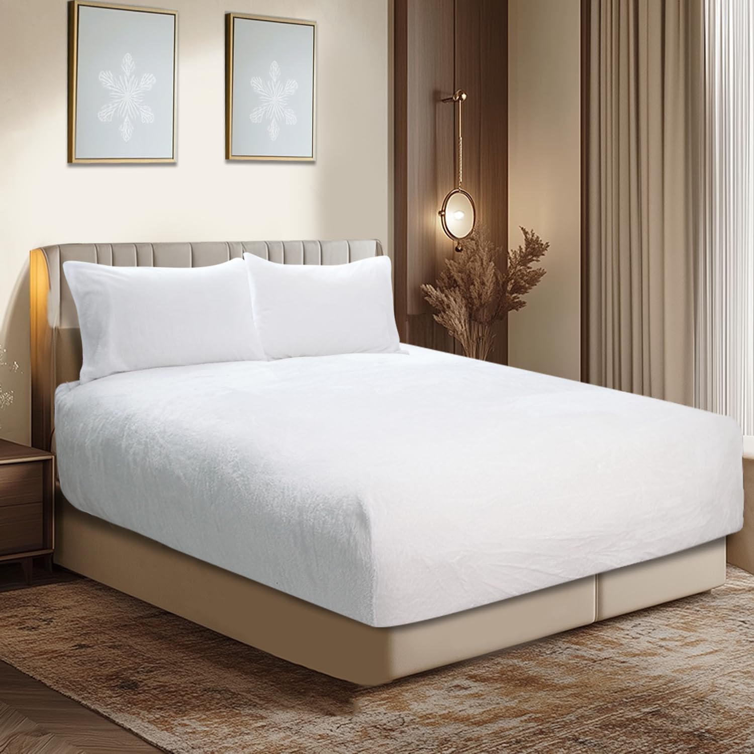 ZABER Teddy Fluffy Fleece Queen Fitted Sheet Three Piece Set,1 Plush Fitted Sheet and 2 Piece Soft Pillowcases Simple Style Thickened(White, Queen)