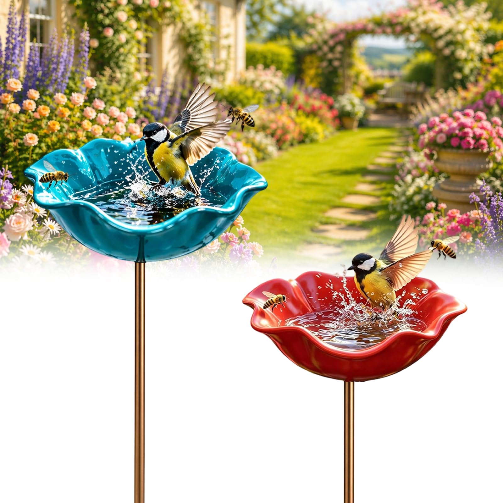 Handmade Metal Flower Garden Stake Bird Bath Bowl - Weather-Resistant Bee Watering Station & Flower Bird Feeder, Decorative Outdoor Metal Flowers for Yard Lawn Patio Decor (2Pcs-E)